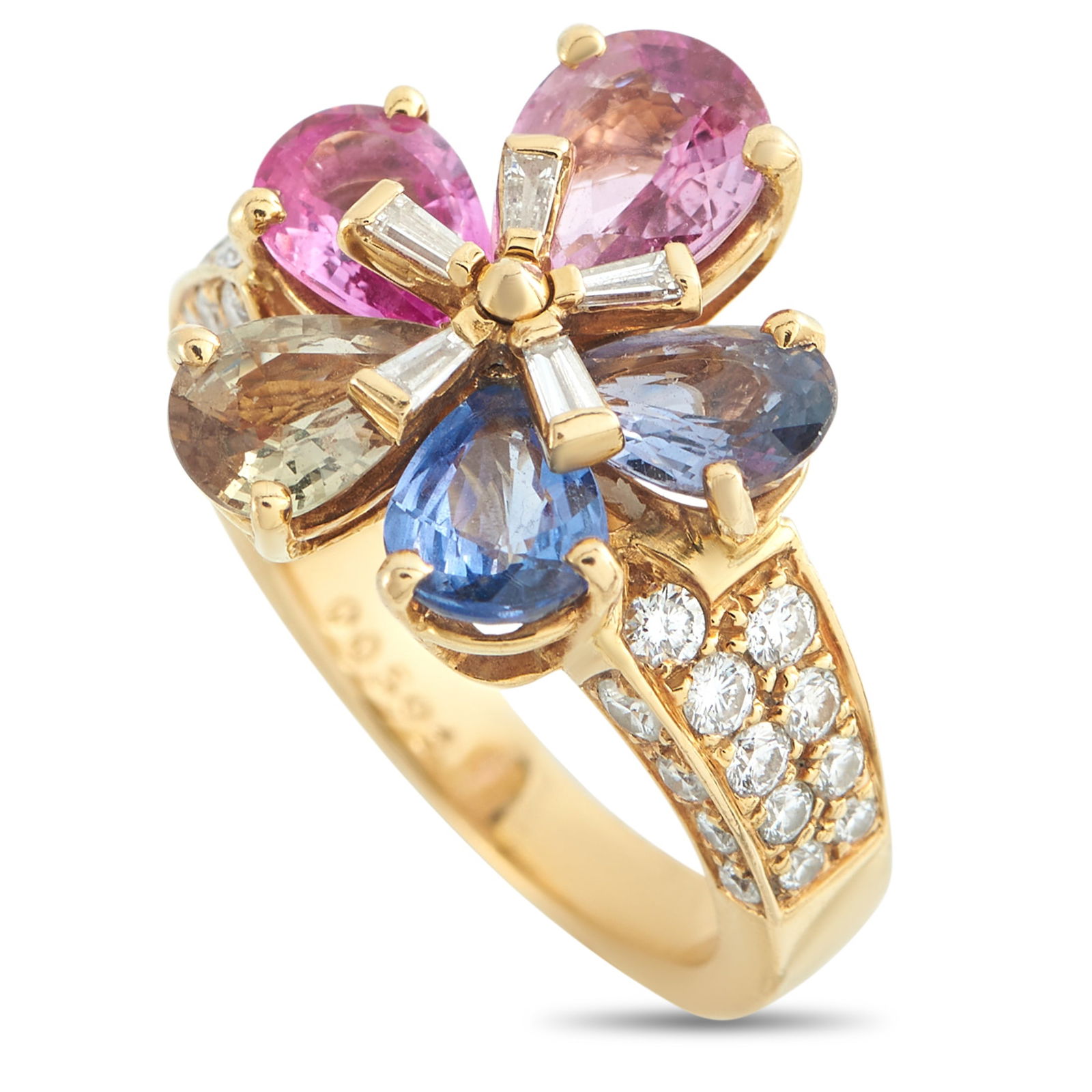 Bvlgari 18K Yellow Gold Diamond and Multi Fancy Sapphire Flower Ring: An interplay of color and structure defines the beauty of this Bvlgari ring. Diamonds trace the shoulders in a deliberate arrangement, with two linear rows across the band and an additional single