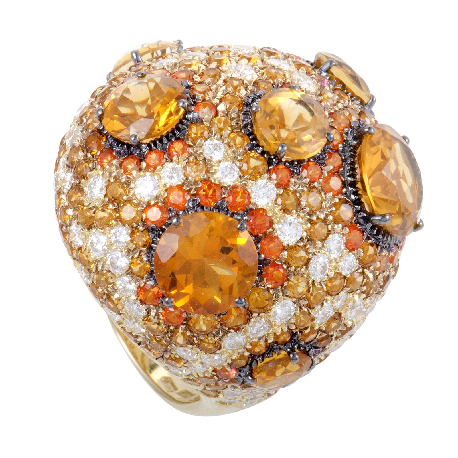 Roberto Coin 18K Yellow Gold Orange Citrine and Topaz and Diamond Cocktail Ring: Mesmerizing, flamboyant and certainly memorable, the majestic design of this astonishing ring from Roberto Coin is executed to perfection, with partially black rhodium-plated 18K yellow gold hosting