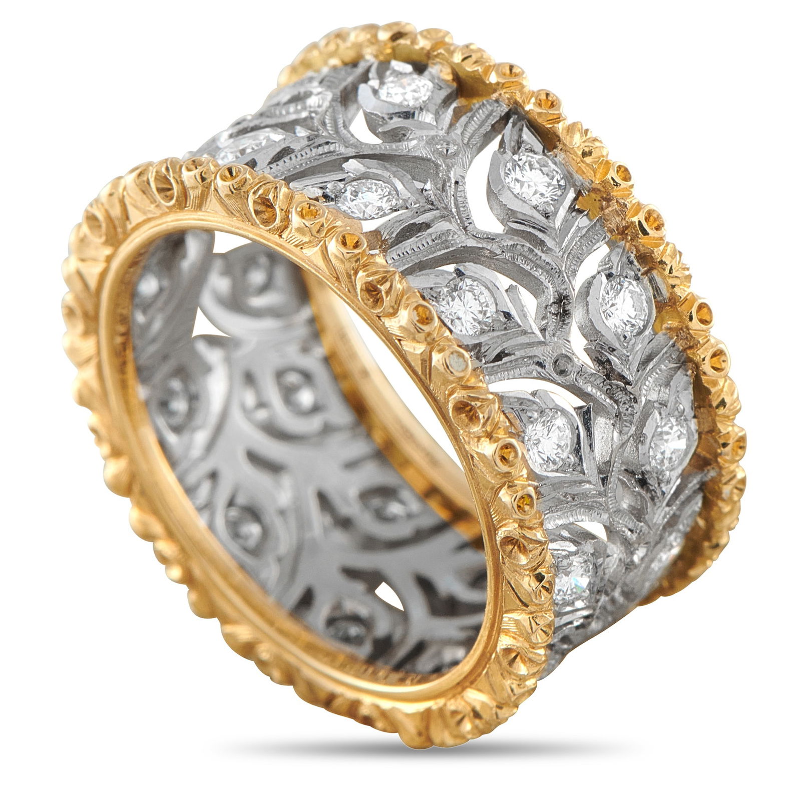 Buccellati18K Yellow Gold 0.68ct Diamond Band: Exquisite design elements make this Buccellati band ring simply unforgettable. Crafted with impeccable attention to detail, Diamonds with a total weight of 0.68 carats provide subtle sparkle. The 18K
