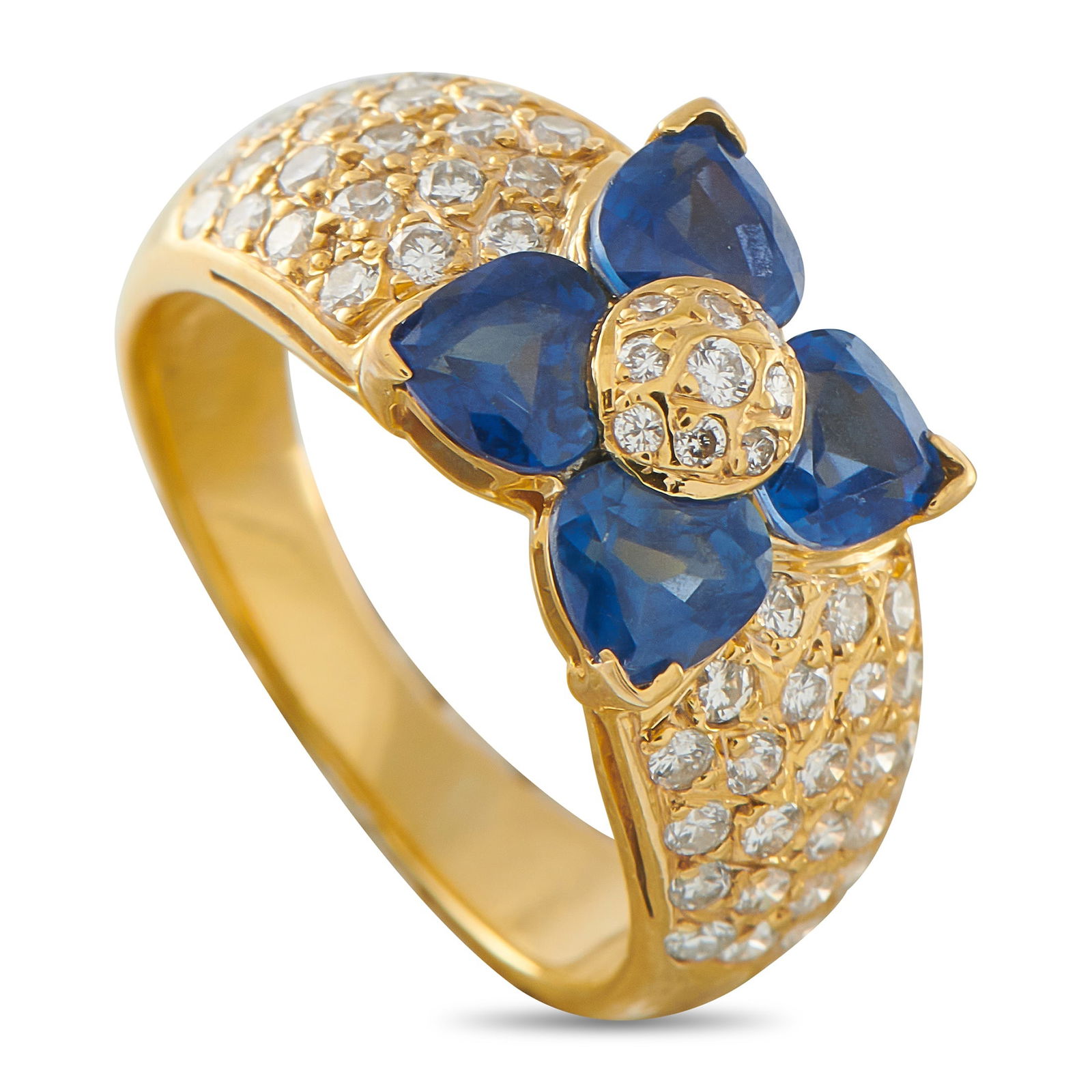 Van Cleef & Arpels 18K Yellow Gold 0.50ct Diamond and Sapphire Flower Ring: A fabulous floral motif makes a statement at the center of this Van Cleef & Arpels ring. Sapphires with a total weight of 2.0 carats add a stylish pop of color, while Diamonds totaling 0.50 carats