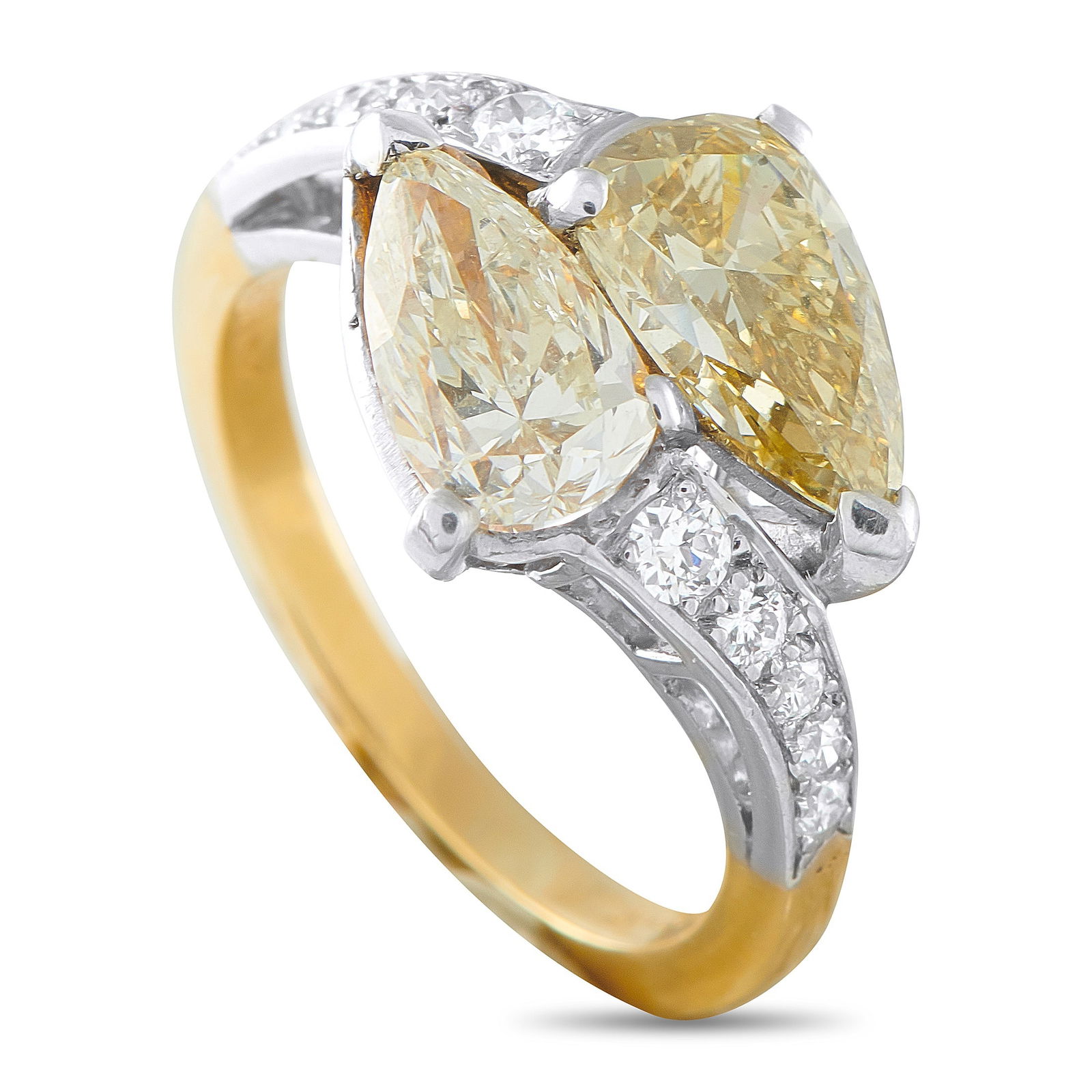 Platinum and 18K Yellow Gold 3.29ct Diamond Ring: Crafted from a combination of Platinum and 18K Yellow Gold, this luxurious two stone ring is beautifully balanced. White Diamonds with a total weight of 1.56 carats and yellow Diamonds with a total