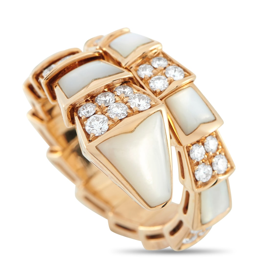 Bvlgari Serpenti Viper 18K Rose Gold 0.90ct Diamond and Mother of Pearl Ring: Elegance and edge combine in this one-coil Bvlgari Serpenti Viper Ring. The sinuous coil, crafted in 18K rose gold, is detailed with glistening pavé diamonds and luminous mother-of-pearl inlay on