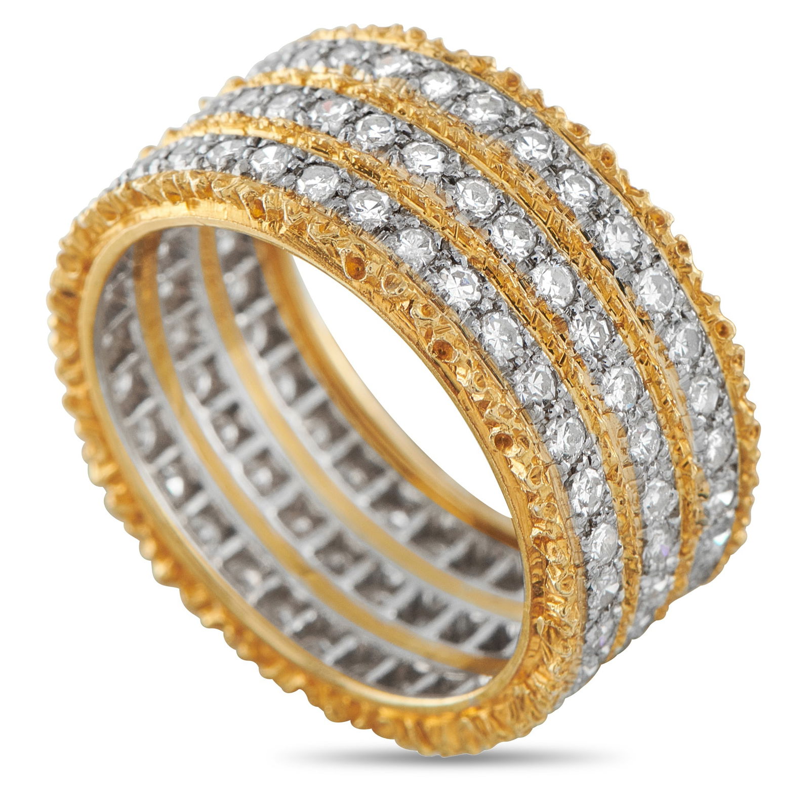 Buccellati18K Yellow Gold 1.65ct Diamond Ring: Sparking Diamonds with a total weight of 1.65 carats shine brightly from their place within a textured 18K Yellow Gold setting on this exquisite Buccellati ring. Bold enough to make a statement but