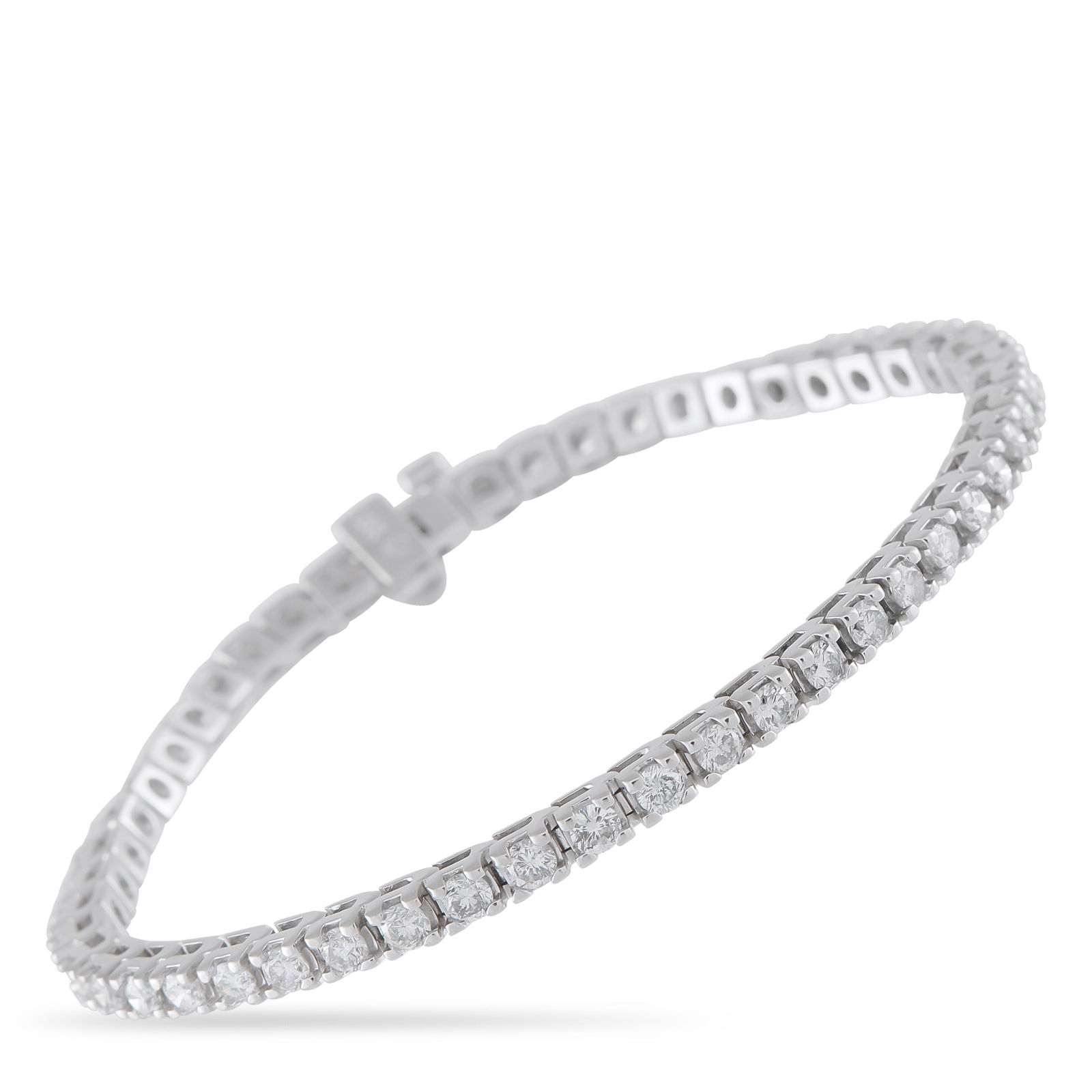 18K White Gold 4.50ct Diamond Tennis Bracelet: Nothing exudes timeless luxury like a classic tennis bracelet. A series of sparkling Diamonds totaling 4.50 carats allow this elegant piece to continually catch the light. Crafted from 18K White Gold,