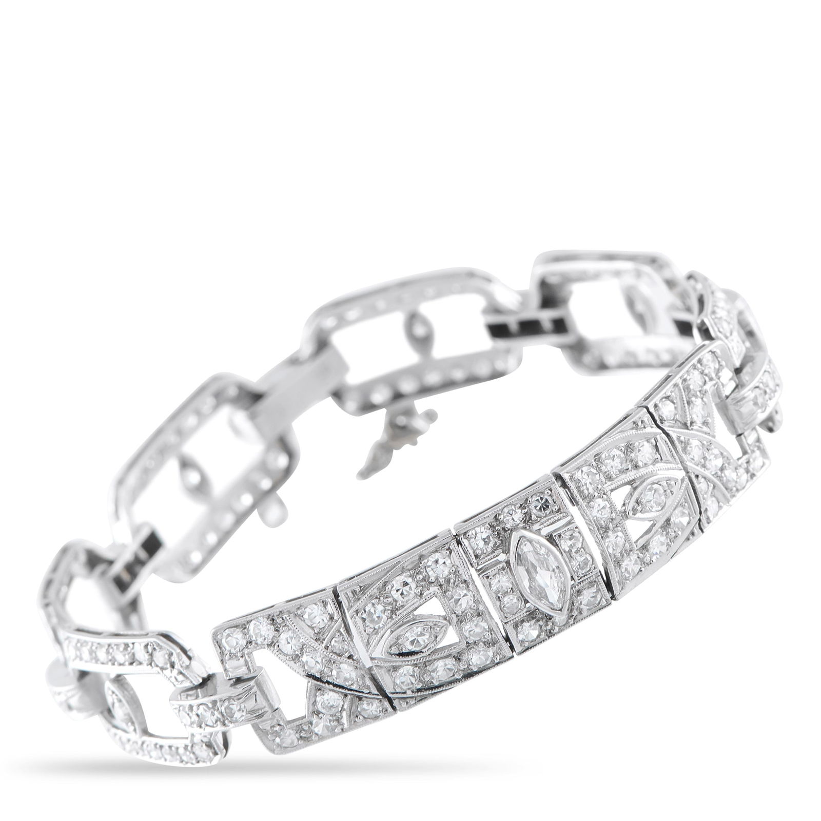 Antique Platinum 3.75ct Diamond Bracelet: An Art Deco inspired design makes this antique bracelet a work of art. Elevated by sparkling Diamonds totaling 3.75 carats, it’s a sleek, sophisticated piece that will take any ensemble to the next