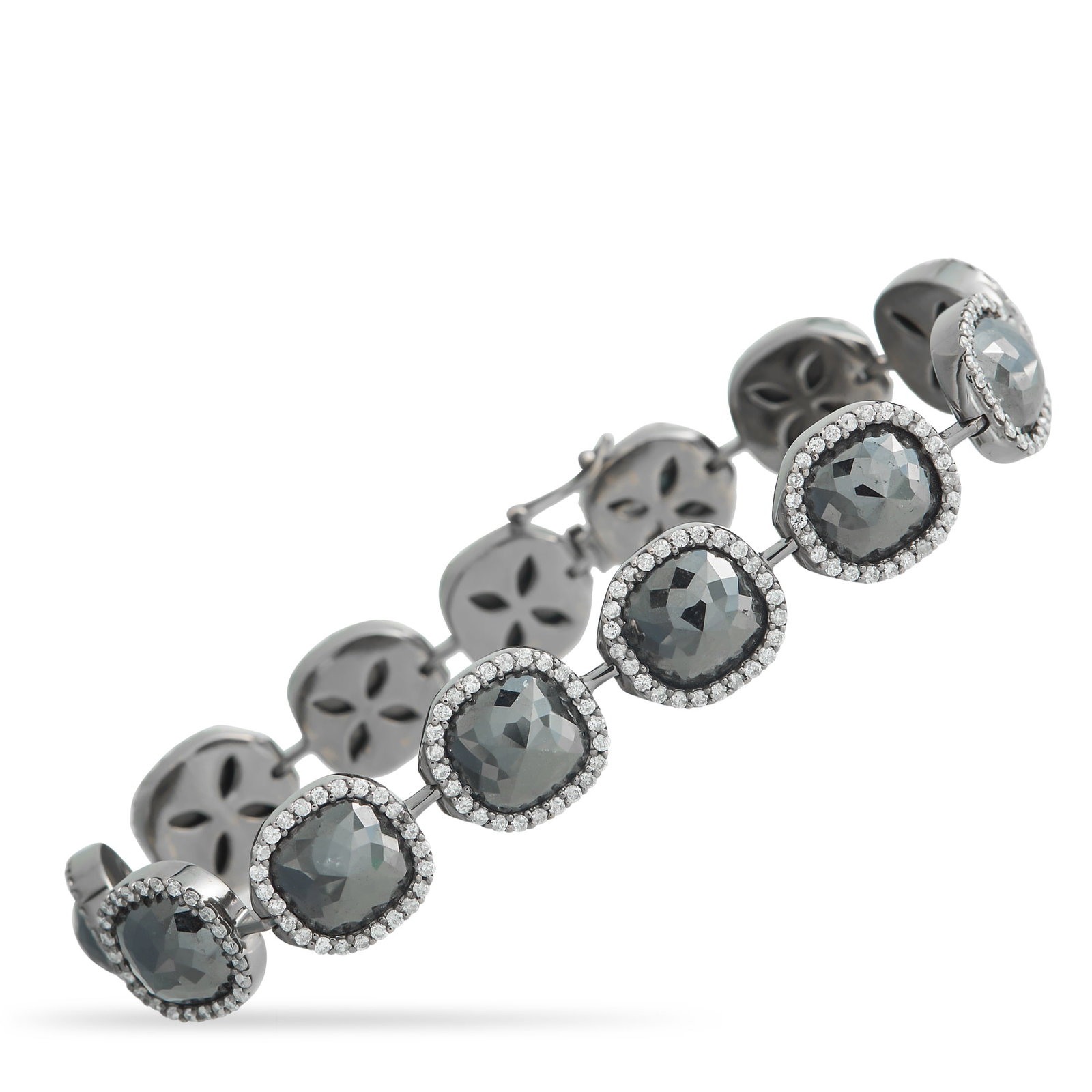 18K White Gold 32.95ct White and Black Diamond Bracelet: This luxury bracelet offers beautiful contrast. Glittering Black Diamonds with a total weight of 29.90 carats make a statement at the center, while White Diamonds totaling 3.05 carats provide addition