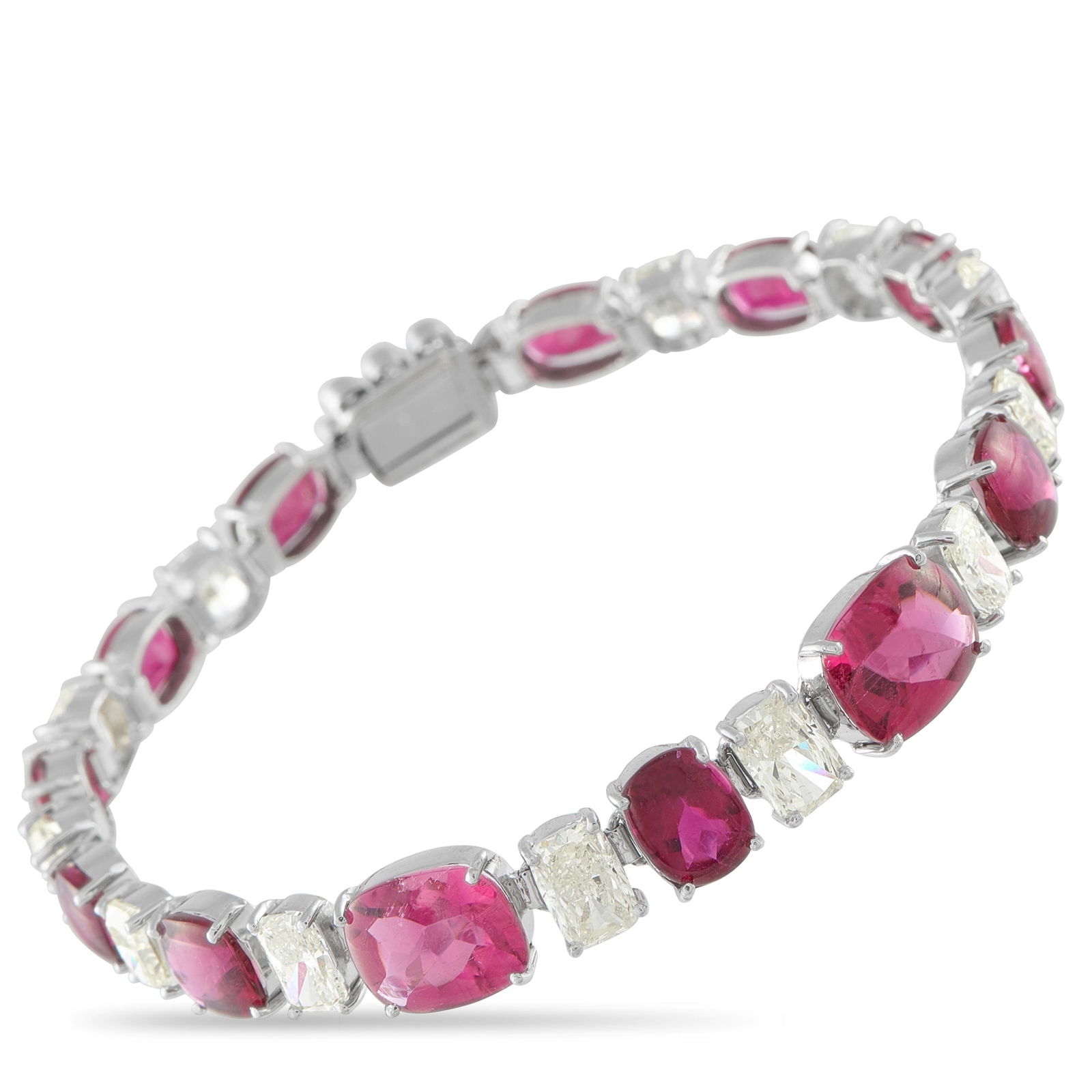 18K White Gold 8.30ct Diamond and Rubellite Bracelet: Valued for its saturated red-pink color and rarity within the tourmaline family, rubellite brings depth and character to this bracelet. Alternating with elongated cushion-cut diamonds, the stones form
