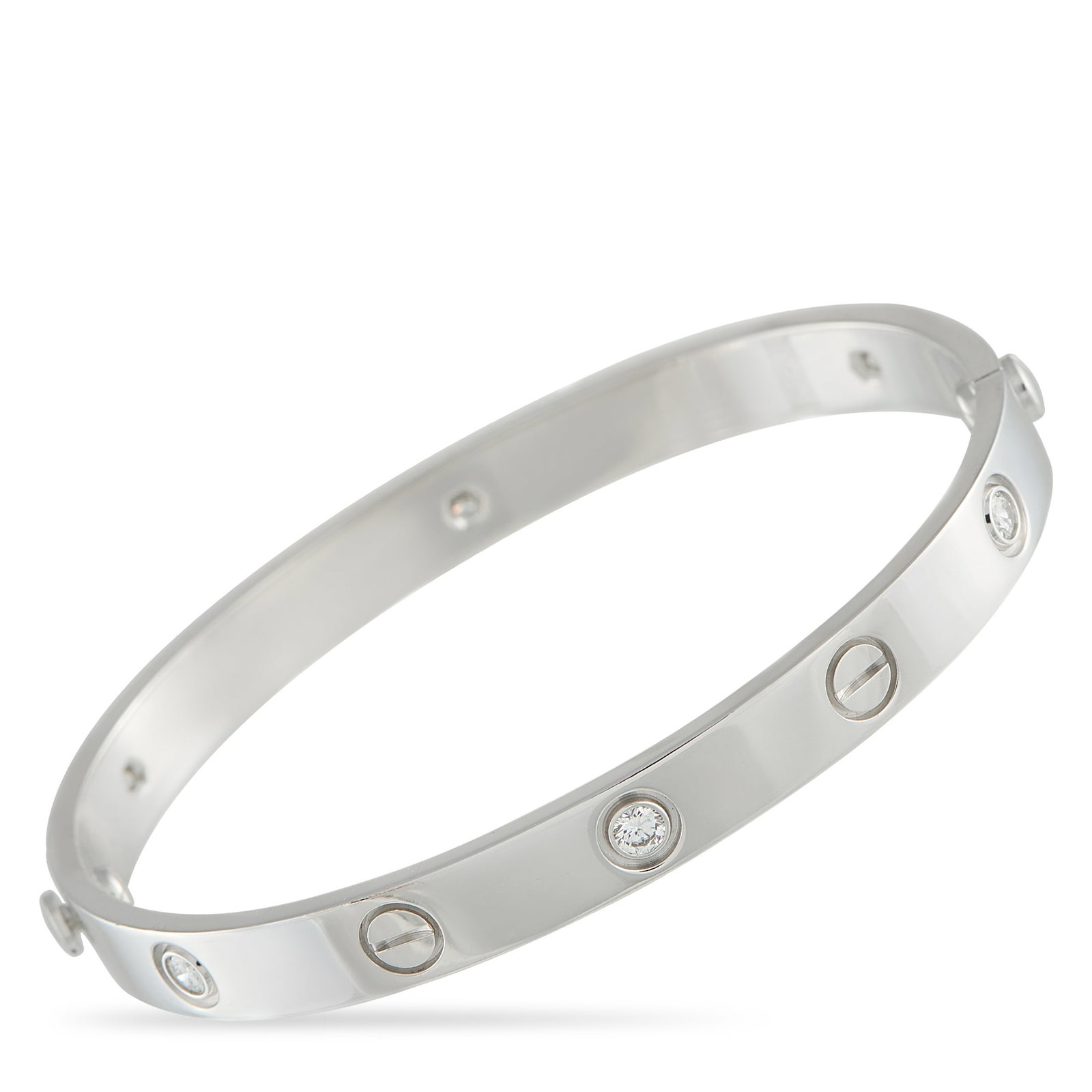 CARTIER LOVE 18K White Gold 6-Diamond Bracelet: This Cartier LOVE bracelet is one of the luxury brand’s most iconic pieces. Sleek and stylish, this 18K White Gold bangle features a series of 6 round-cut diamonds and circular motifs. It measures 6
