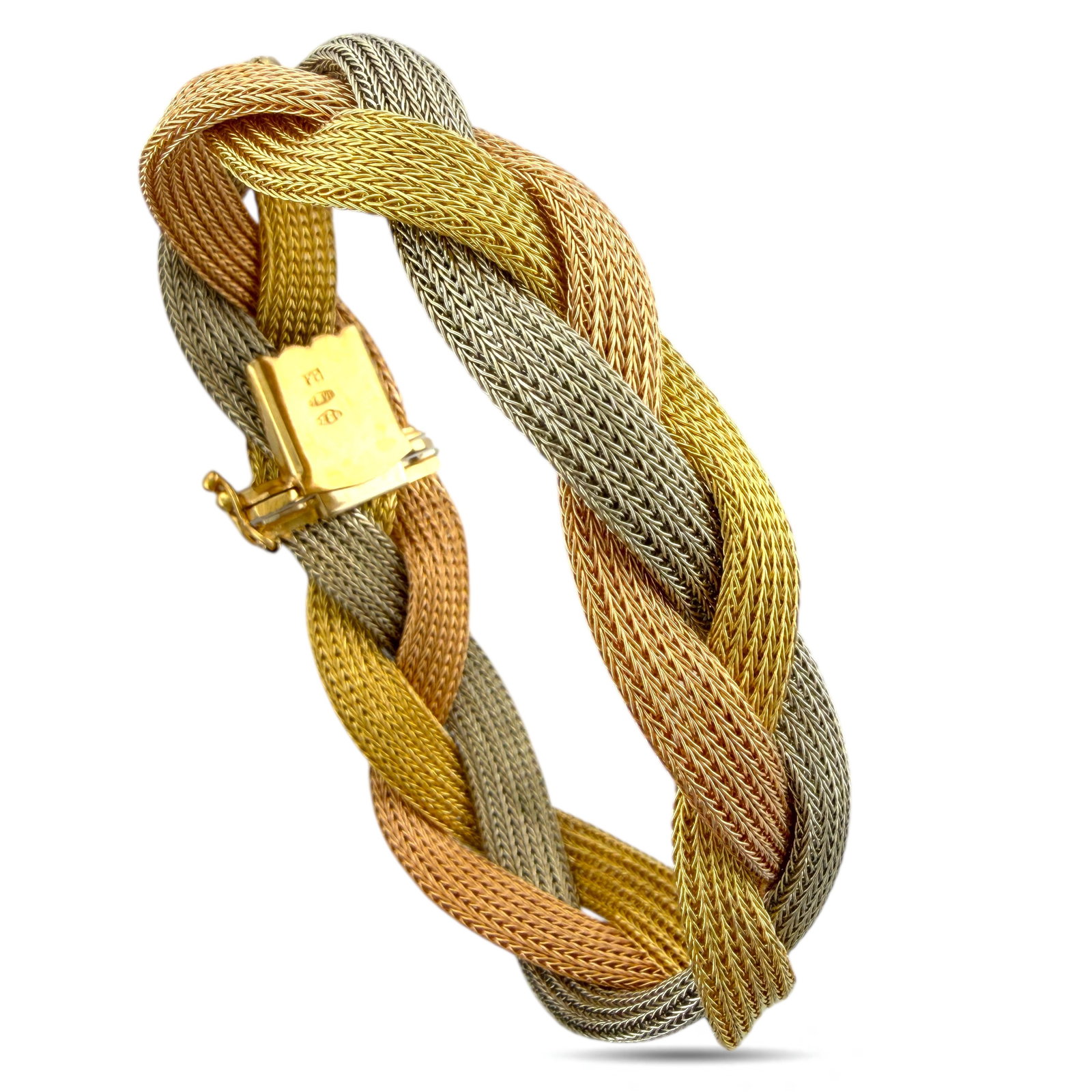 18 kt. Yellow gold, Exclusive 18K Tri-Color Gold Woven Bracelet: Exclusive 18K Tri-Color Gold Woven BraceletA beautifully crafted tri-color bracelet featuring an interwoven design in yellow, white, and rose gold. The tightly woven links create a luxurious texture w