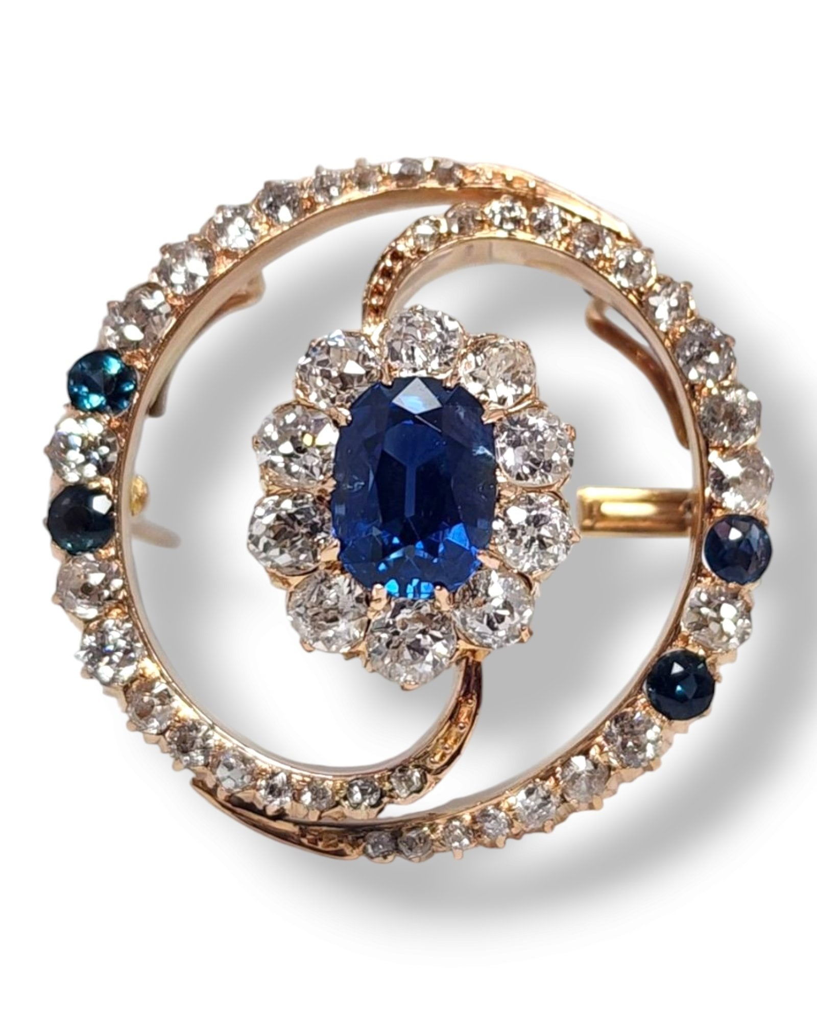 Brooch - 14 kt. Yellow gold, An Antique Sapphire and Diamond Pin Brooch 1.68Ct Diamond (Natural) - (1 of 6)