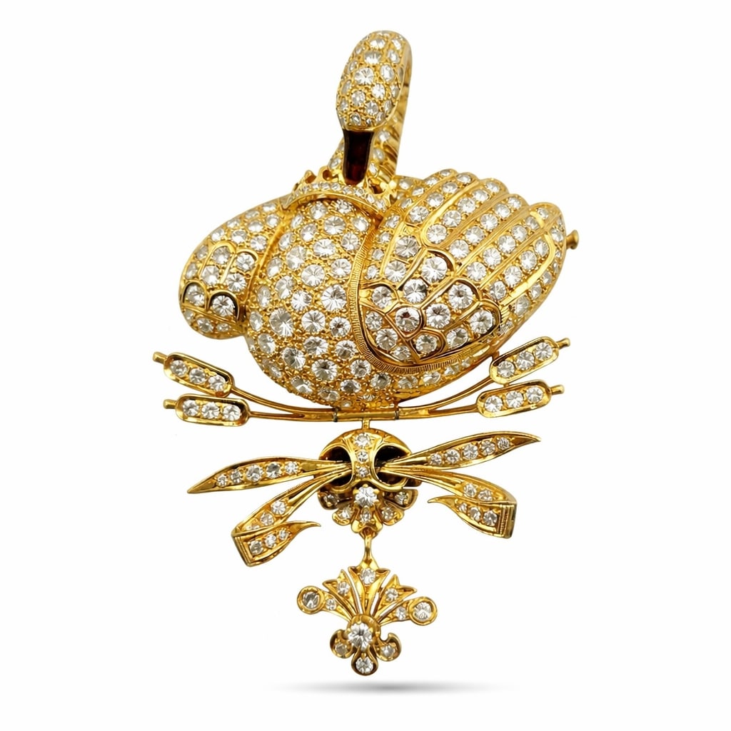 Brooch - 18 kt. Yellow gold, 18K Yellow Gold Diamond-Encrusted Swan Brooch 8.0Ct - 8.0ct. tw.: 18K Yellow Gold Diamond-Encrusted Swan BroochGracefully sculpted in luminous 18K yellow gold, this exquisite brooch captures the elegance of a swan, its form adorned with a shimmering array of diamond