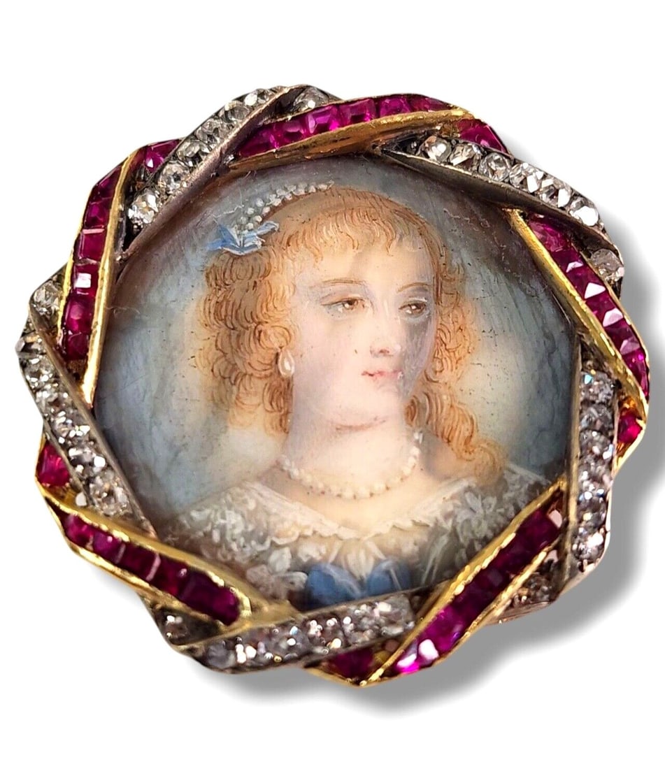 Brooch - 18 kt. 18K Yellow Gold Brooch with Diamonds & Rubies, Yellow gold (1 of 8)