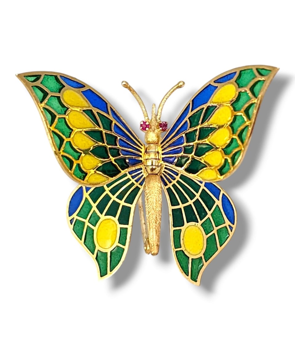 Brooch - 14 kt. Yellow gold, Lovely Rare Gold, Plique-à-jour Enamel & Diamond Brooch Butterfly: Lovely Rare Gold, Plique-à-jour Enamel & Diamond Brooch ButterflyGold. 14k Sizes: 6cm x 6cm Weight: 11 gramsDiamond: Natural Plique-à-jour EnamelCondition : Excellent Rare Brooch, all 4 Wings are mo