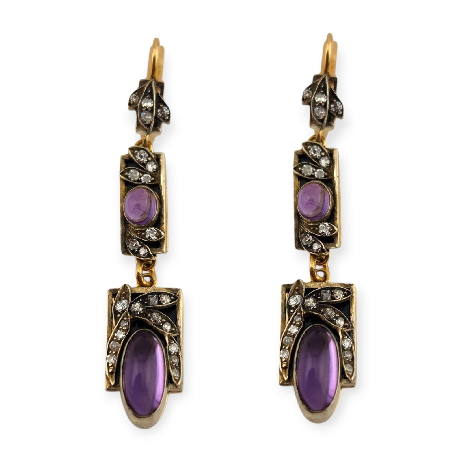 Earrings - 14 kt. Yellow gold, Antique Russian Gold, 1.50ct Diamond & Amethyst Earrings -: Imperial Russian 56 Gold (14k gold) Art Deco Diamond Enamel Earrings Material: Gold 56 assay value / 14k Gold Region: RussiaMarked: Yes, Work Master initials Stone: Diamonds, 1.5 CaratsMaterial: 56k (