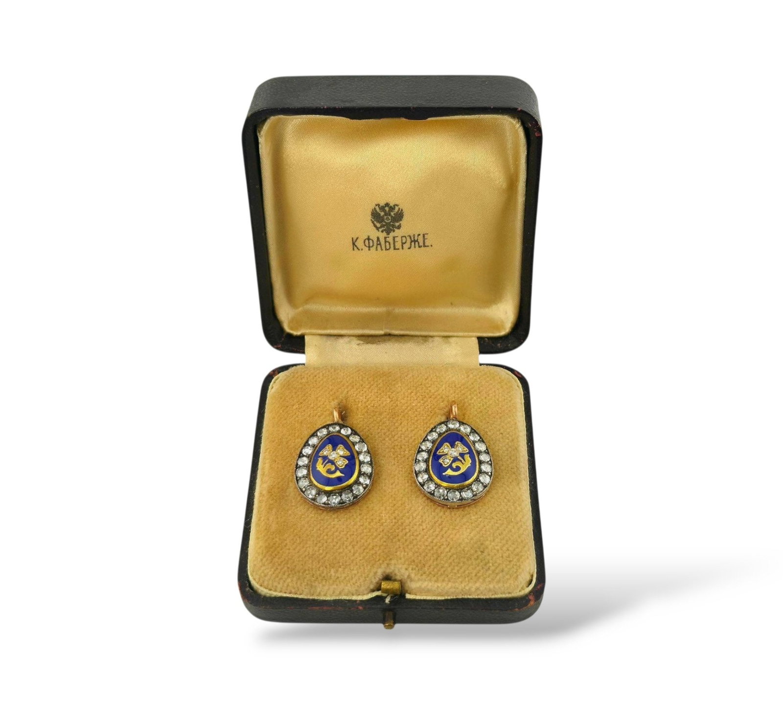 Faberge - Earrings - 14 kt. Yellow gold, Imperial Russian K. Faberge 56K and Diamond Earrings: Imperial Russian K. Faberge 56K and Diamond Earrings Marked with Imperial Russian 56K Gold marks ( 14k) and with work master initials A. T for K. Faberge work master Alfred Thielemann (active ca. 1890