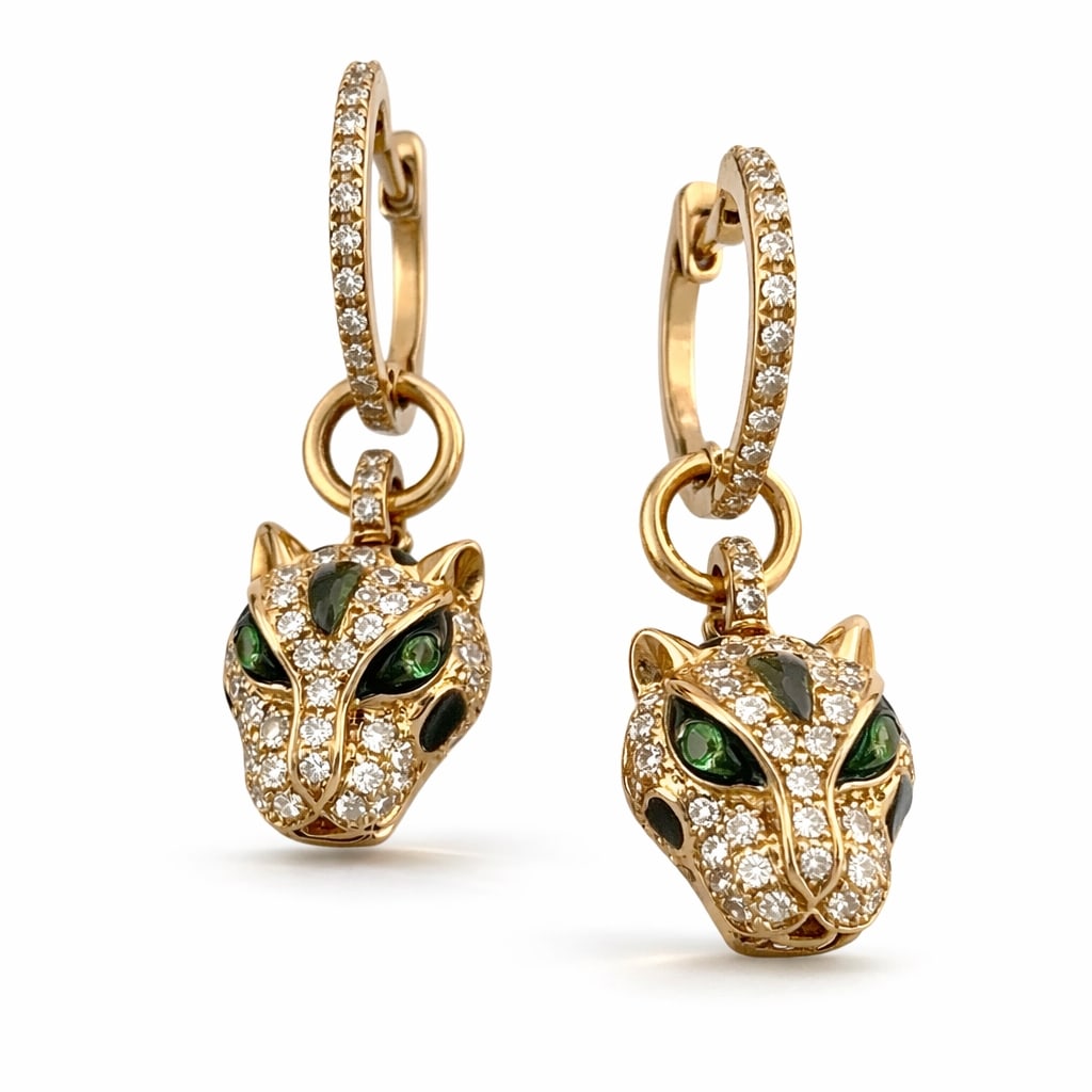 Earrings - 14 kt. Exclusive 14K Rose Gold Diamond, Emerald, and Enamel Leopard Earrings, Rose gold -: Exclusive 14K Rose Gold Diamond, Emerald, and Enamel Leopard EarringsThese sculpted leopard earrings bring elegance and character together through refined details. Crafted in warm 14K rose gold, each