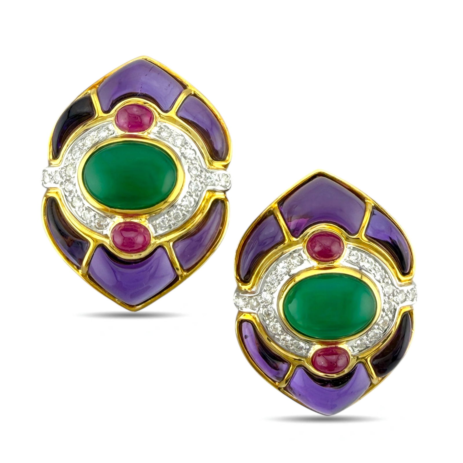 Earrings - 18 kt. Yellow gold, Exclusive 18K Yellow Gold 1.00ct Diamond, Emerald & Ruby Large (1 of 6)