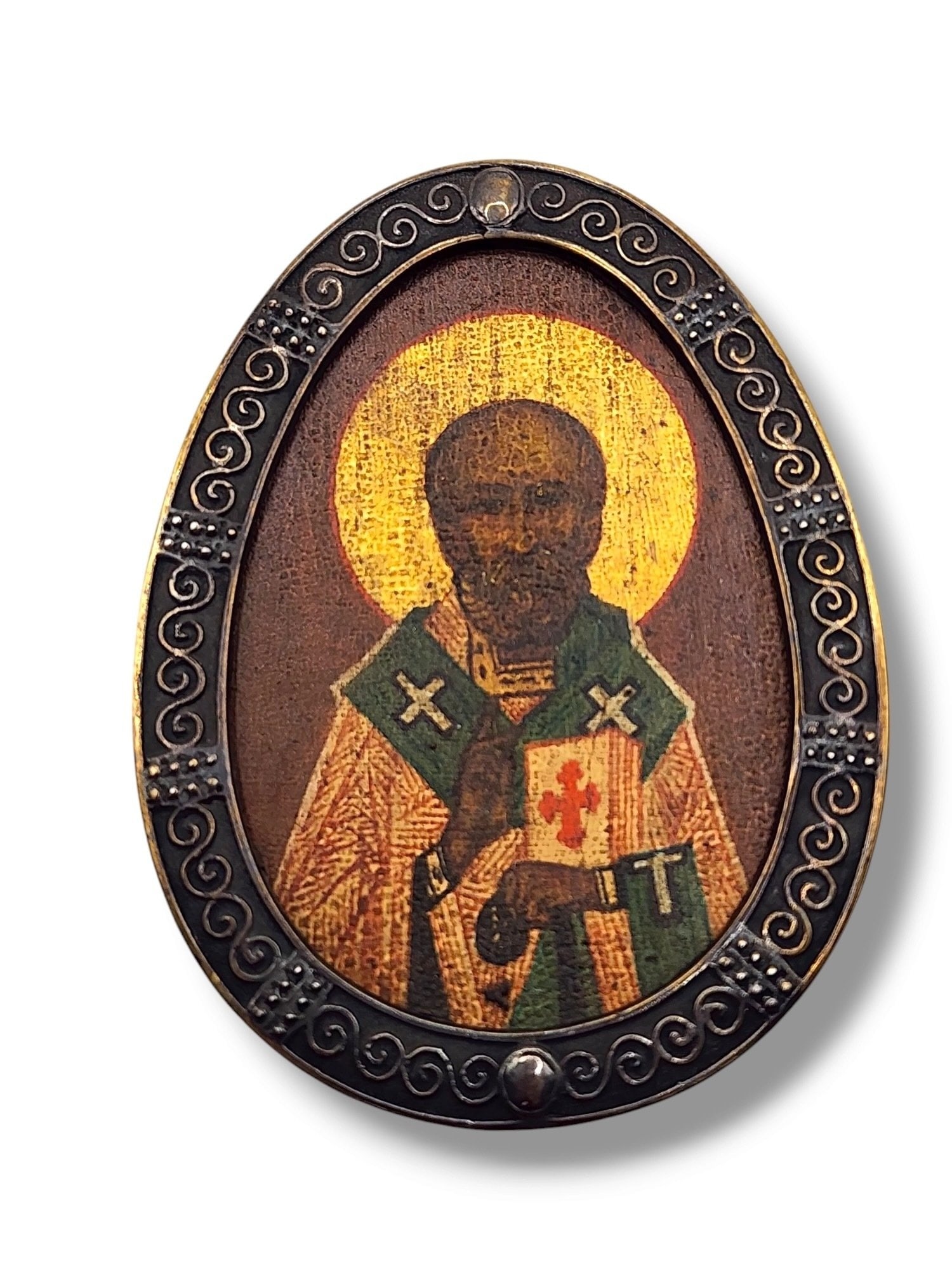 Icon - Nicholas the Wonderworker - .875 (84 Zolotniki) silver: P. Ovchinnikov Russian Antique Silver Icon Circa 1909-1917 PAVEL OVCHINNIKOV Moscow Russian Hand Painted Religious Icon STYLE: Religious / Christianity / Icon. Travel Icon METAL: 84 SilverPURITY: 84 z