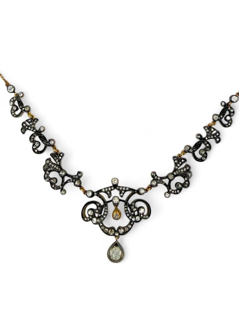 14 kt. Yellow gold, White gold, Imperial Russian Period Antique 56K Gold ( 14k) and 3.01Ct Diamond: Imperial Russian Antique 56K Gold ( 14k) and 3.01Ct Diamond Necklace Diamonds: Large Round Diamond 1.01 Carats Other Diamonds total 2.0 Carats Total carat weight 3.01Marked with Imperial Russian 56k G