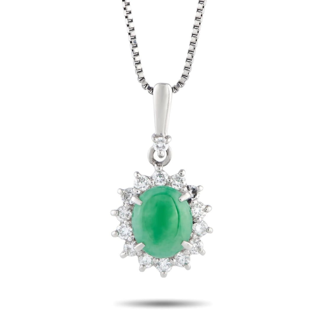 Necklace with pendant Platinum Jade - Diamond: Platinum 0.37ct Diamond and Jade Pendant NecklaceA 1.50 carat Jade cabochon makes a statement on this exquisite necklace. The captivating center stone is elevated by a halo of Diamonds with a total we