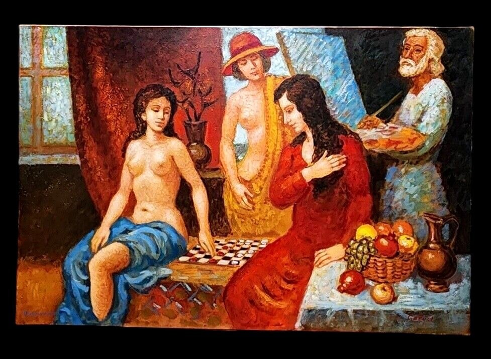 Galust Darbinyan - Playing Checkers: Galust Darbinyan Original Oil Painting Playing Checkers THIS BEAUTIFUL PAINTING IS CREATED BY GALUST AND SIGNED IN THELOWER RIGHT CORNER.WE HOPE YOU TAKE TIME AND CAREFULLY VIEW HIS WORK ON MY STORE.