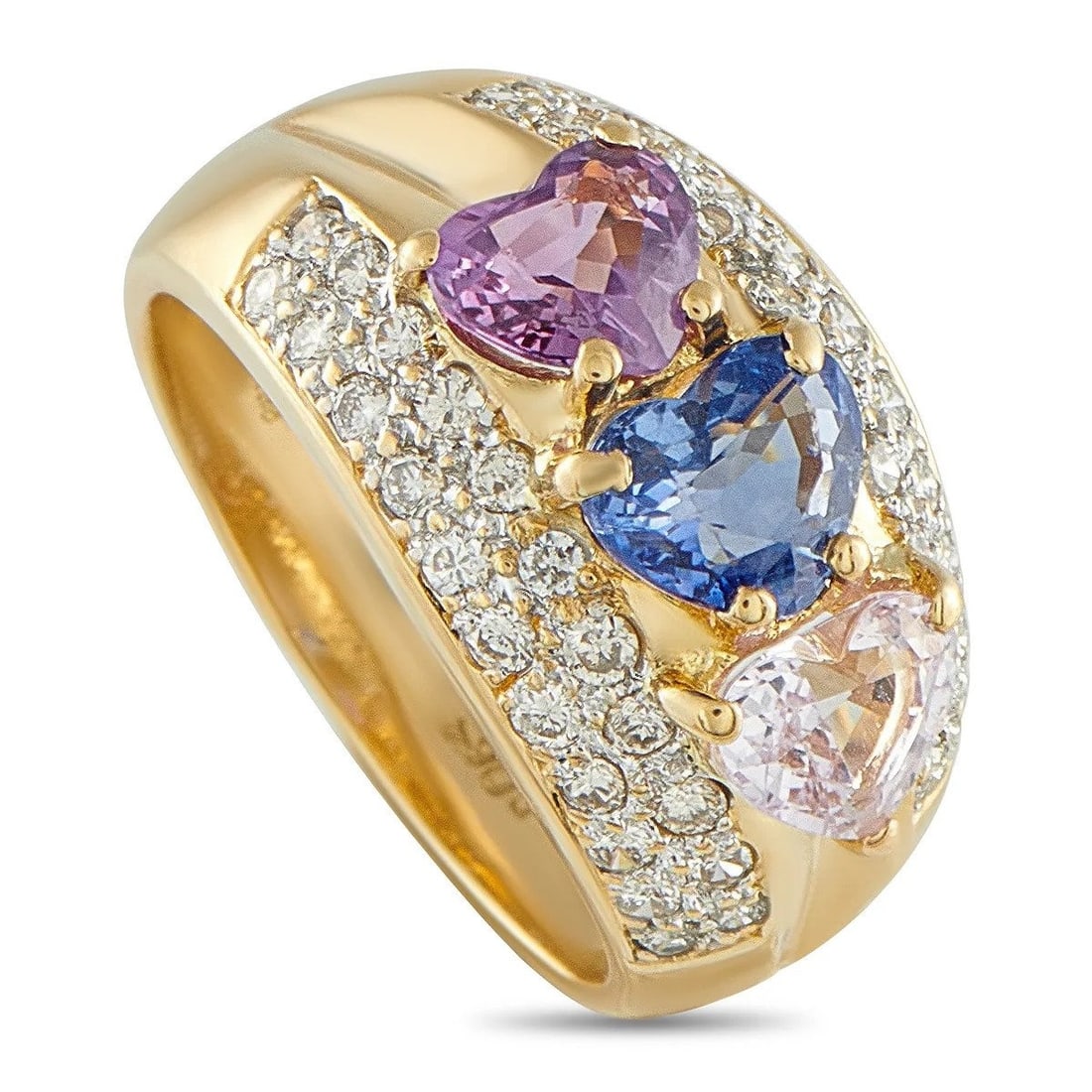 18 kt. 18K Yellow Gold 0.64ct Diamond and Sapphire Ring , Yellow gold - 2.97ct. tw. Diamond: 18K Yellow Gold 0.64ct Diamond and Sapphire Ring A trio of colorful Sapphire gemstones totaling 2.33 carats make this radiant ring endlessly charming. On each side of the sleek 18K Yellow Gold setting