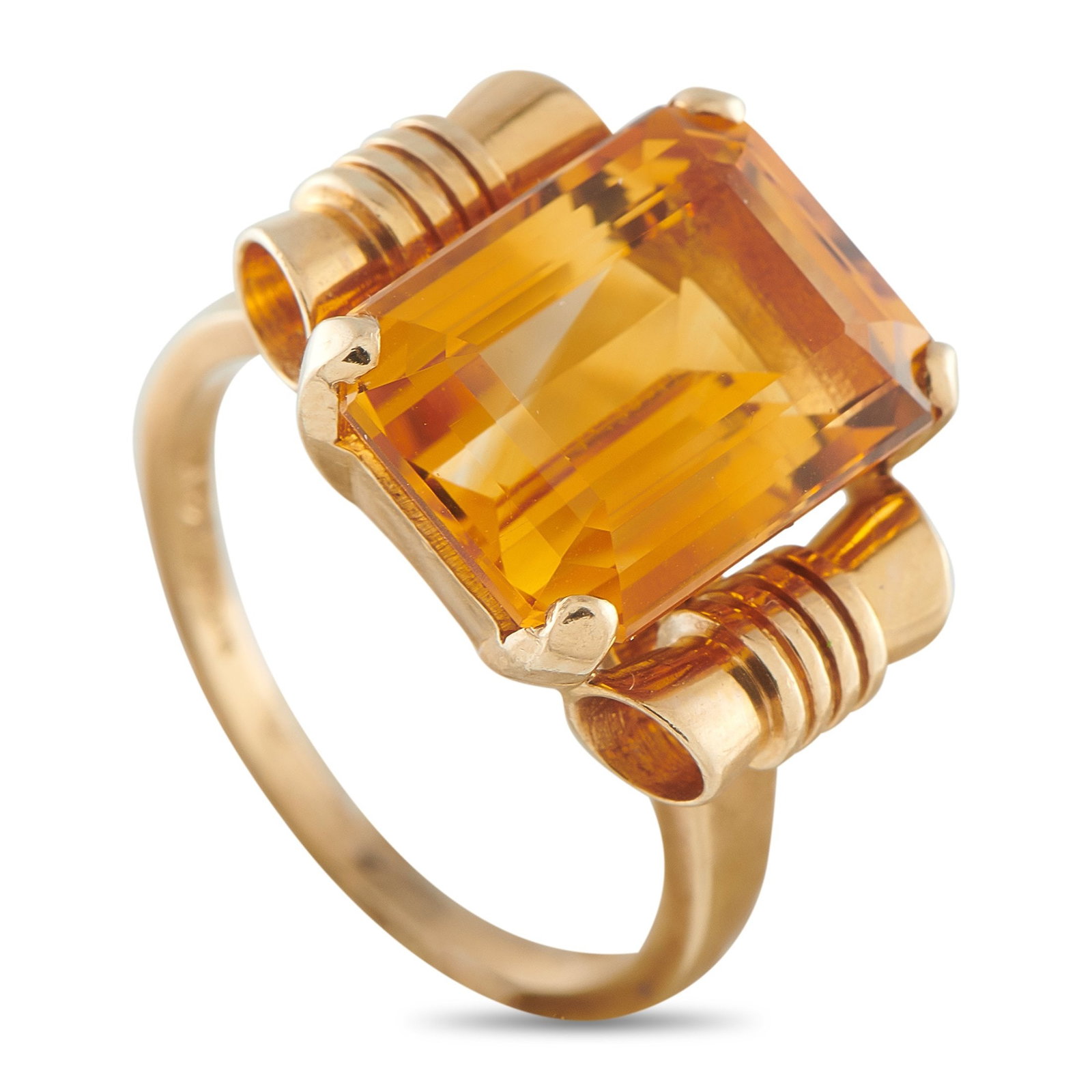 Tiffany & Co. - 14 kt. Yellow gold, Tiffany & Co. 14K Yellow Gold Citrine Ring: Tiffany & Co. 14K Yellow Gold Citrine Ring This classic Tiffany & Co. ring is filled with exquisite details. The 14K Yellow Gold setting features delicate scrollwork at each side of the design. At the