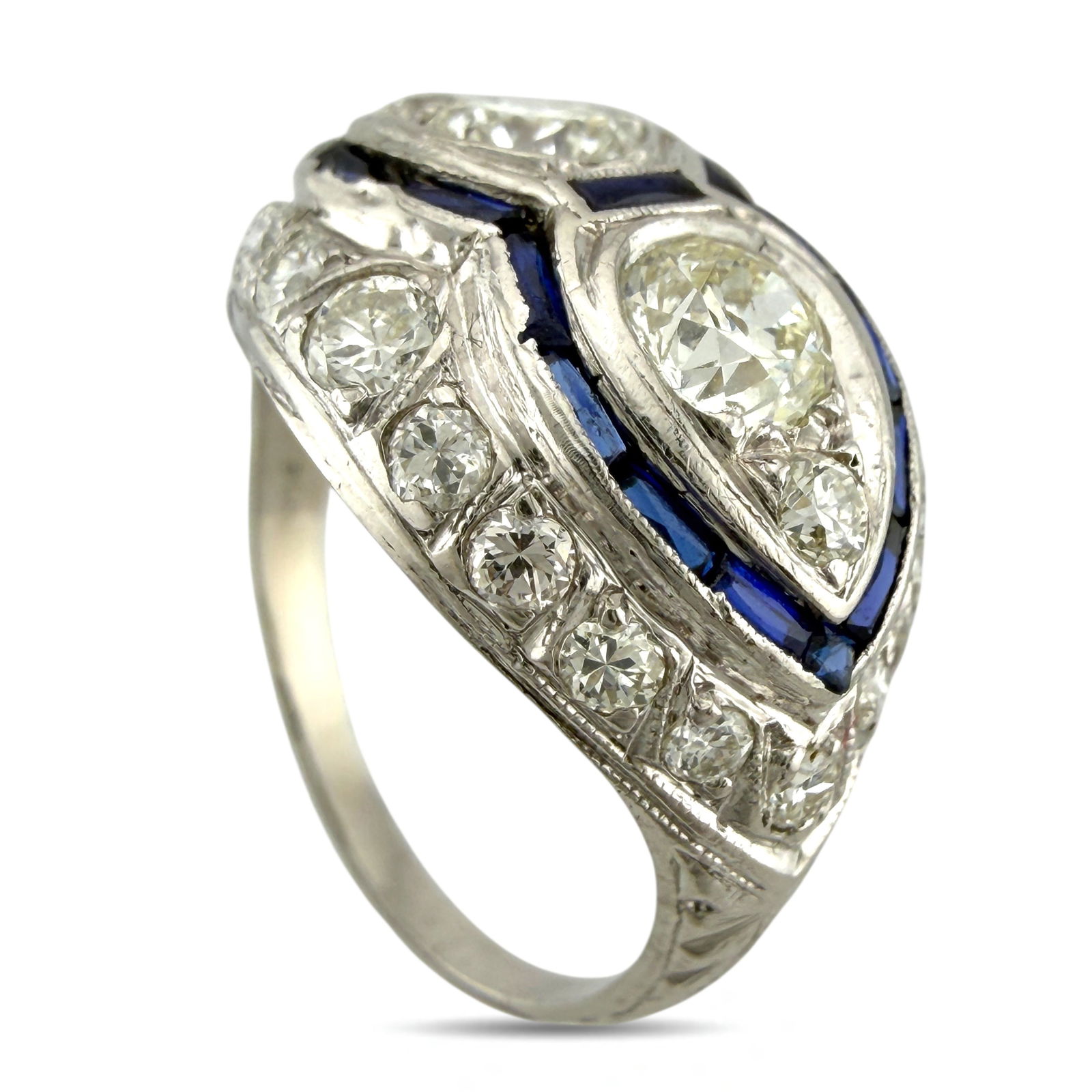 Ring Exclusive Platinum Art Deco Ring with 1.60 Carats of Diamonds and Sapphires, Platinum -: Exclusive Platinum Art Deco Ring with 1.60 Carats of Diamonds and SapphiresThis elegant platinum Art Deco ring captures the spirit of its era with a striking interplay of geometric form and vibrant co