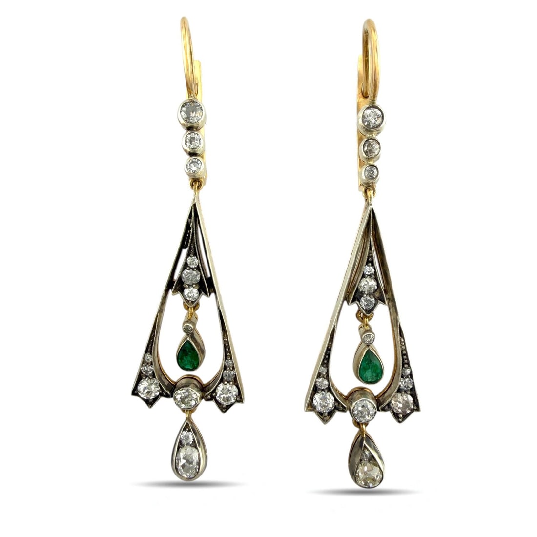 14 kt. Rose gold, Imperial Russian Jewelled 56K Rose Gold 2.14ct Diamond and Emerald Earrings -: Imperial Russian Jewelled 56K Rose Gold 2.14ct Diamond and Emerald Earrings Workmaster Alma Pihl (?.?.) The design features two pear shaped emeralds appearing to float at the center, encircled by a fi