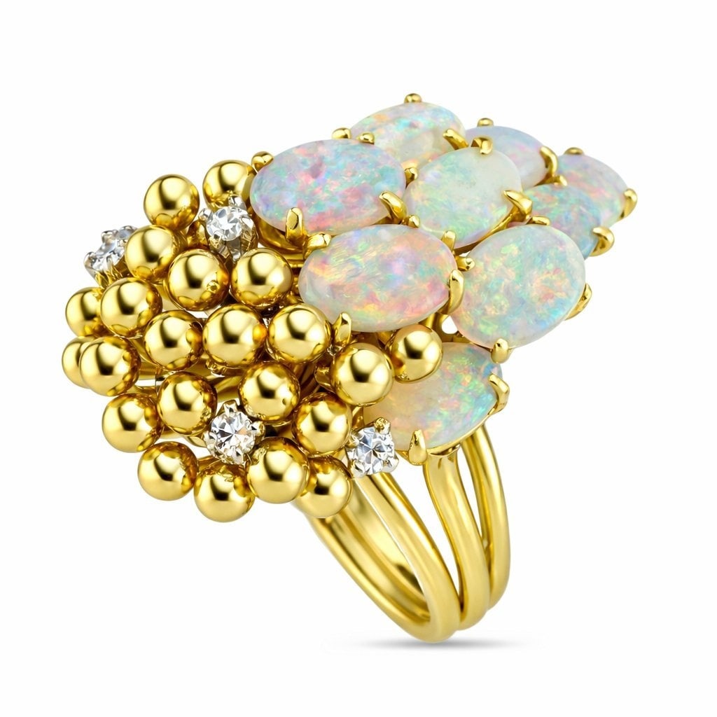14 kt. Yellow gold, Exclusive 14K Yellow Gold 0.10ct Diamond & Opal Ring with Oval Cut Opals - (1 of 7)