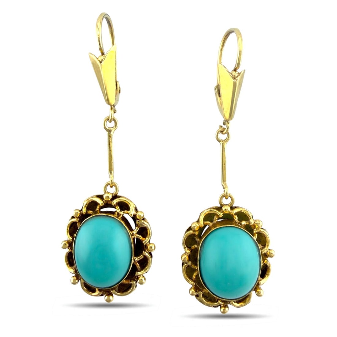 Vintage 14K Yellow Gold Oval Turquoise Drop Earrings, Yellow gold: Exclusive Vintage 14K Yellow Gold Oval Turquoise Drop EarringsAn elegant vintage pair featuring elongated drop silhouettes crowned by sculptural gold accents. Each earring is centered by a substantial