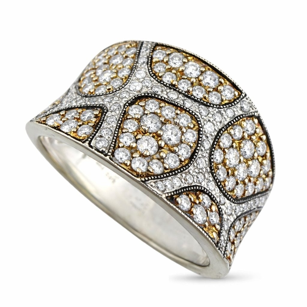 14K White Gold 1.50ct Diamond Cluster Ring, White gold - 1.50ct. tw. Diamond (Natural): Exclusive 14K White Gold 1.50ct Diamond Cluster RingA beautifully structured wide band ring crafted entirely in 14K white gold, showcasing an intricate interlocking pattern filled with pavé set diamo