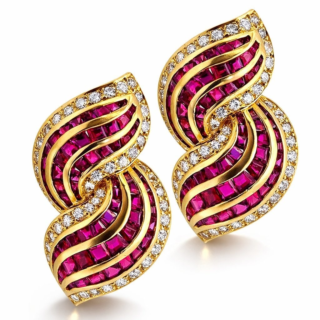 18K Yellow Gold 6.00ct Diamond and 5.40ct Ruby Earrings, Yellow gold - 11.40ct. tw. Diamond (1 of 6)