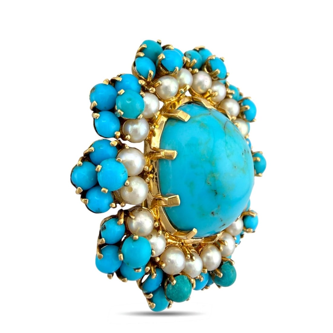 14K Yellow Gold French Turquoise and Pearl Pendant Brooch: 14K Yellow Gold French Turquoise and Pearl Pendant BroochA refined French creation crafted in warm 14 karat rose gold, centered by a richly saturated oval turquoise that anchors the design with vibran