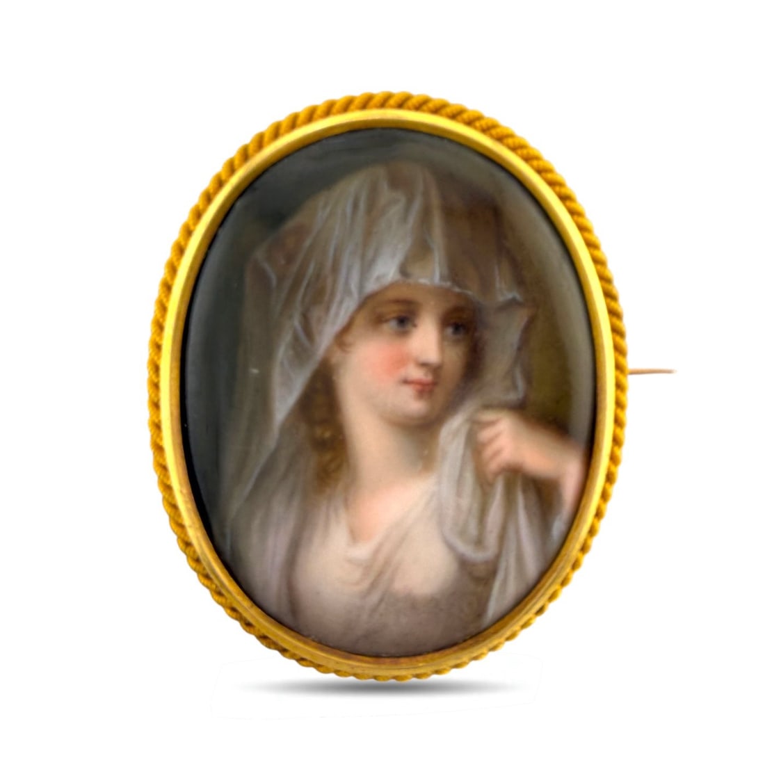 Imperial Russian 56K Yellow Gold Portrait Brooch: Exclusive Imperial Russian 56K Yellow Gold Portrait BroochA remarkable Imperial Russian brooch crafted in rich yellow gold and centered with an elegant oval portrait of a woman. The finely rendered