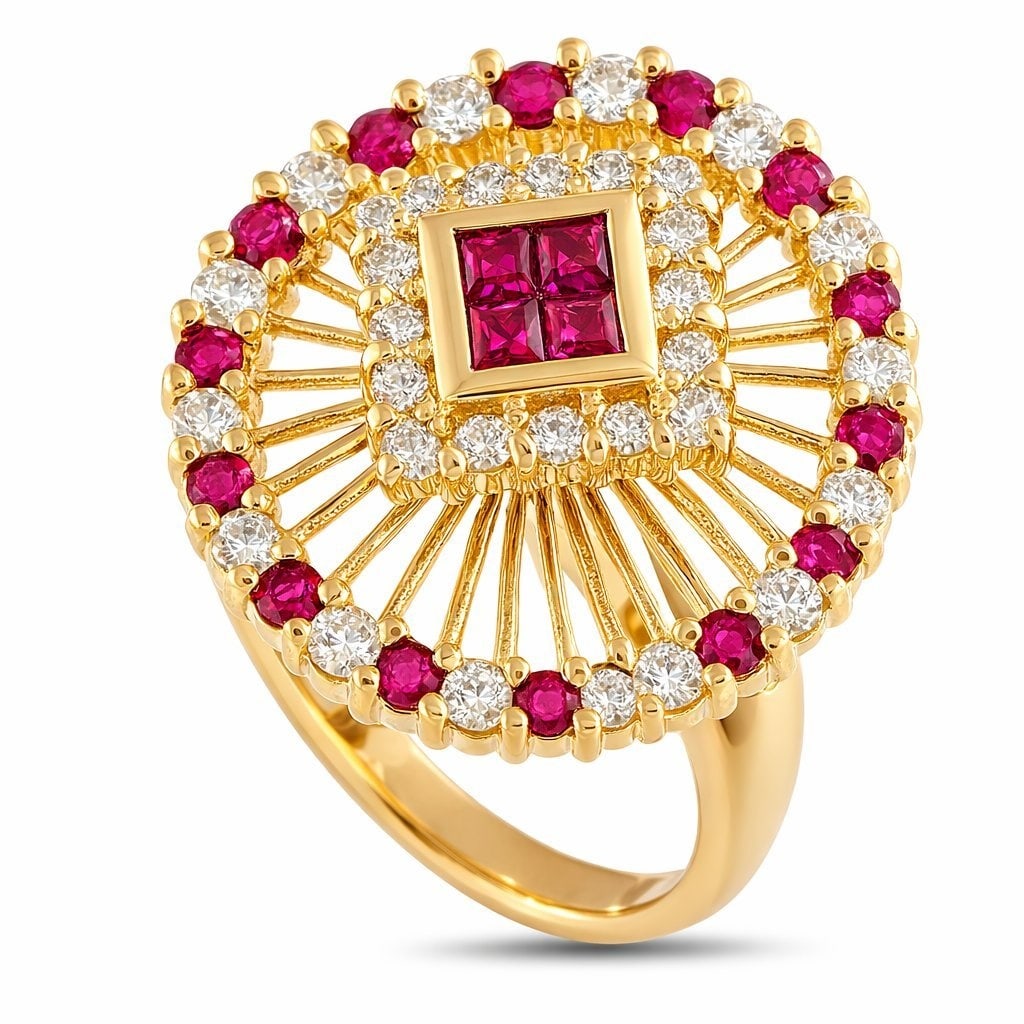 Ring - 18 kt. 18K Yellow Gold and 0.70ct Diamond and Ruby Ring , Yellow gold - 1.46ct. tw. Diamond: 18K Yellow Gold and 0.70ct Diamond and Ruby Ring In this Exclusive piece, the 3mm yellow gold band rises to a 12mm Open-Worked top Reminiscent of a Ferris wheel. Ferris wheel moving around nicely.