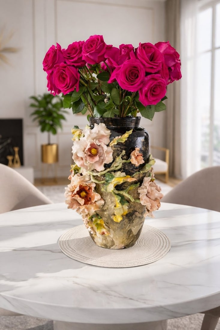 Vase - Porcelain - Rare Large French Antique: Rare Large French Antique Barbotine Majolica Floral Vase – Circa 1850An exceptional and rare large French Barbotine Majolica vase dating to the mid-19th century, circa 1850. This impressive piece fe