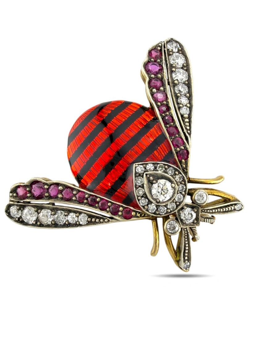 Imperial Russian 56K Gold ( 14k gold) Enamel and Diamond Brooch, Ruby: Imperial Russian 56K Gold, Enamel, Diamond & Ruby Brooch, circa 1900A magnificent Imperial Russian brooch from the early 1900s, finely crafted in 56K gold (equivalent to 14K) and embellished with vibr