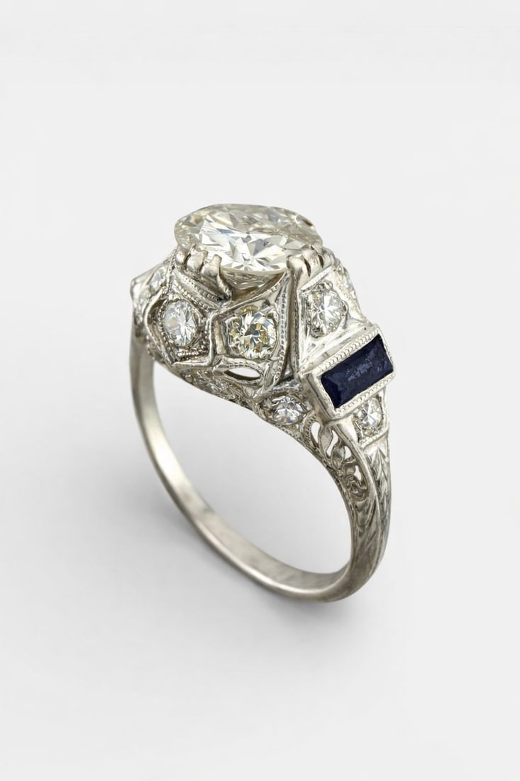 Art Deco 18K White Gold 2.00ct Diamond and Sapphire Ring, White gold - 2.20ct. tw. Diamond: Exclusive Art Deco 18K White Gold 2.00ct Diamond and Sapphire RingA magnificent Art Deco ring crafted in 18K white gold, centered by a large round diamond of exceptional brilliance. The impressive cen