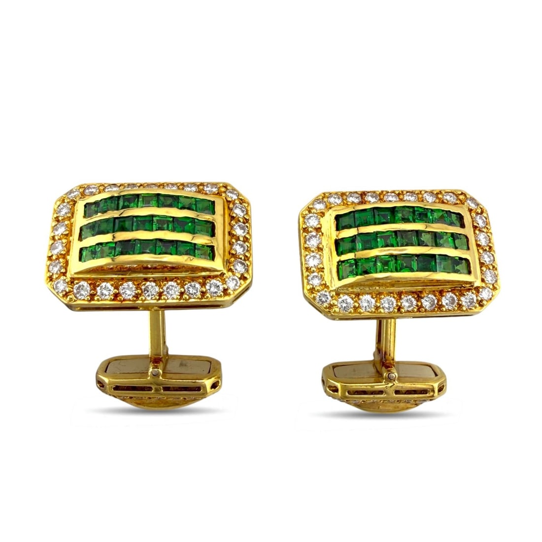 18K Yellow Gold 0.75ct Diamond and Emerald Cufflinks - 0.75ct. tw. Diamond: Exclusive 18K Yellow Gold 0.75ct Diamond and Emerald CufflinksA bold and refined pair of cufflinks showcasing a richly detailed arrangement of emeralds and diamonds across both the top and reverse. Th