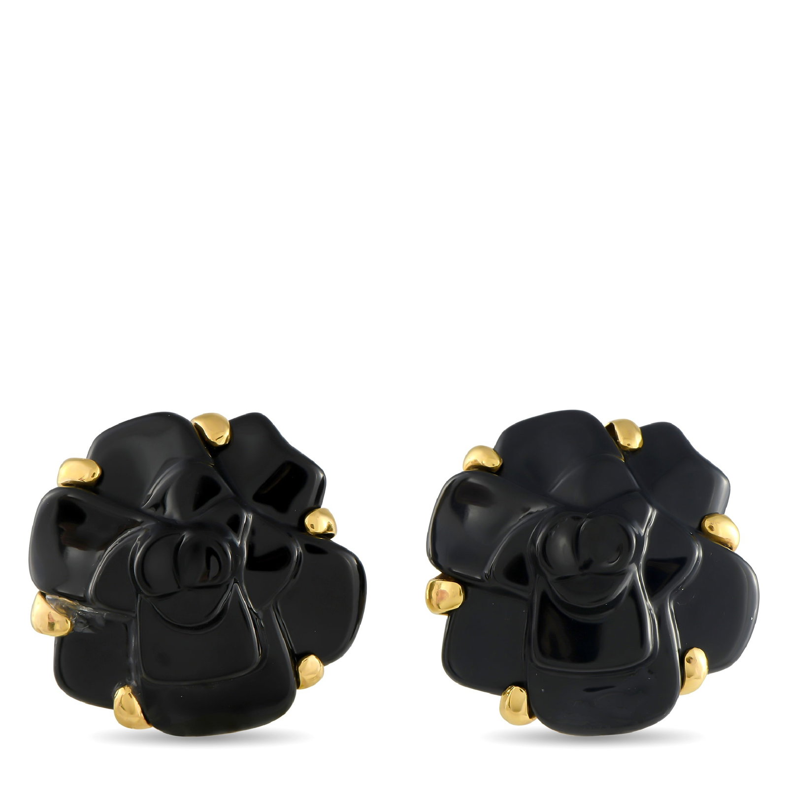 CHANEL 18K Yellow Gold and Black Ceramic Camelia Earrings: Chanel fExcellent Estate feminine grace with edgy sophistication in these black ceramic Camelia clip-on earrings. They feature a solid 18K yellow gold base, with prongs that secure a sculpted black ce