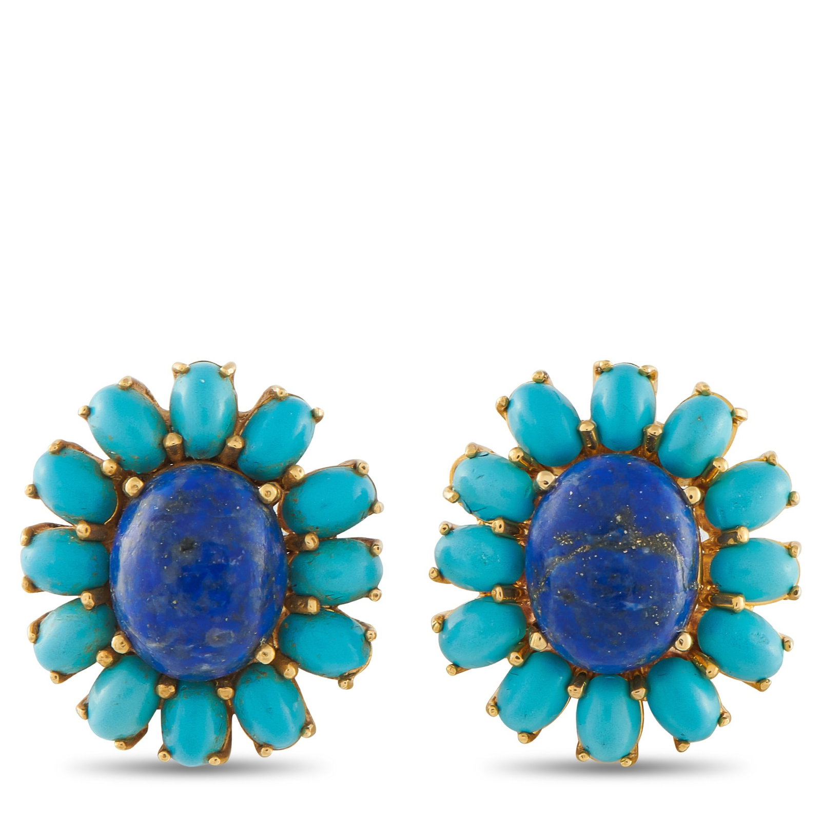 18K Yellow Gold Lapis and Turquoise Earrings: The blues of the 60s, in jewel form. These earrings are crafted in 18k yellow gold, featuring an oval lapis lazuli center haloed by oval turquoise gems. Each turquoise is seated in a scalloped basket,