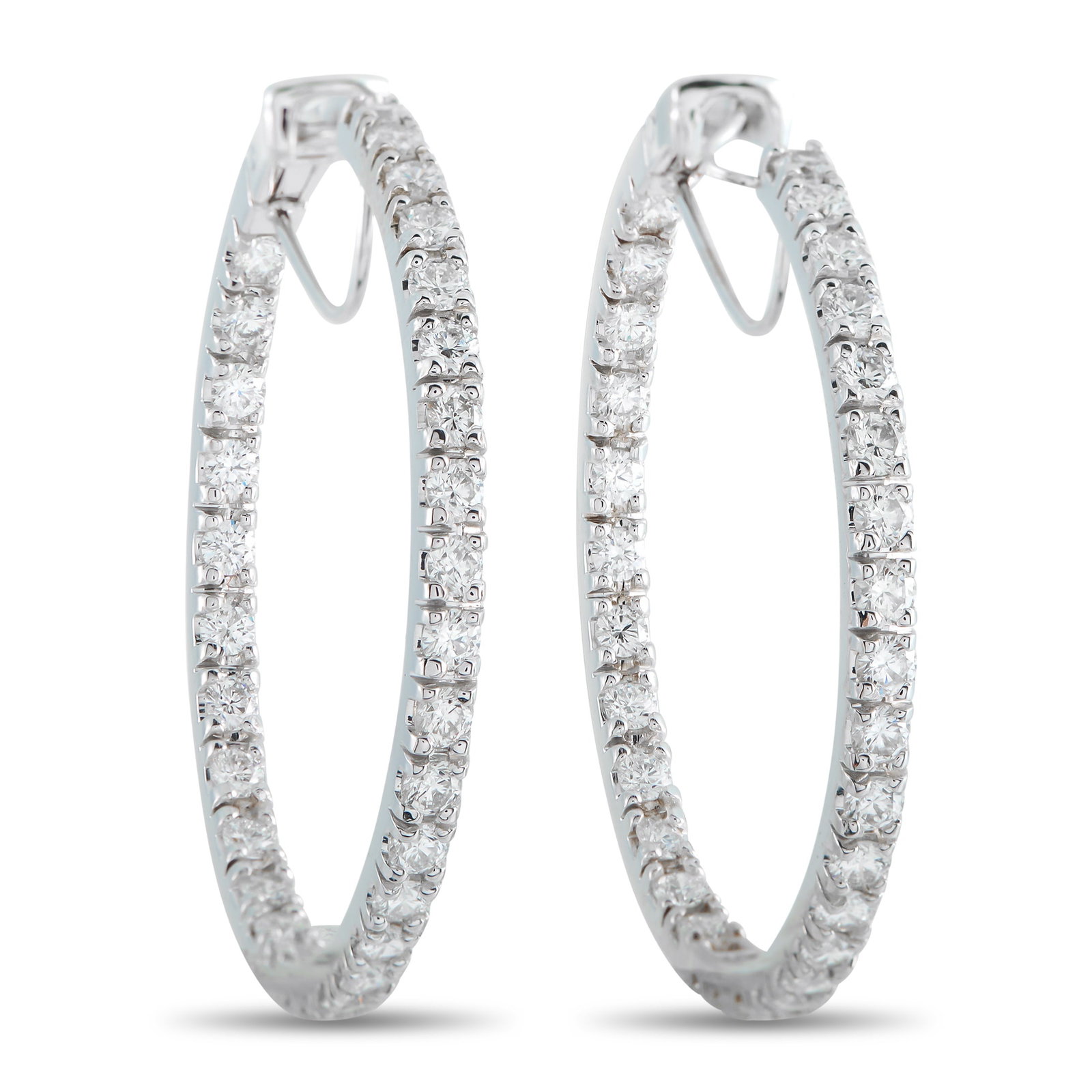 14K White Gold 5.75ct Diamond Hoop Earrings: Diamonds with a total weight of 5.75 carats make these luxury hoop earrings impossible to ignore. The classic 14K White Gold setting allows them to complement any outfit while allowing the sparkling g