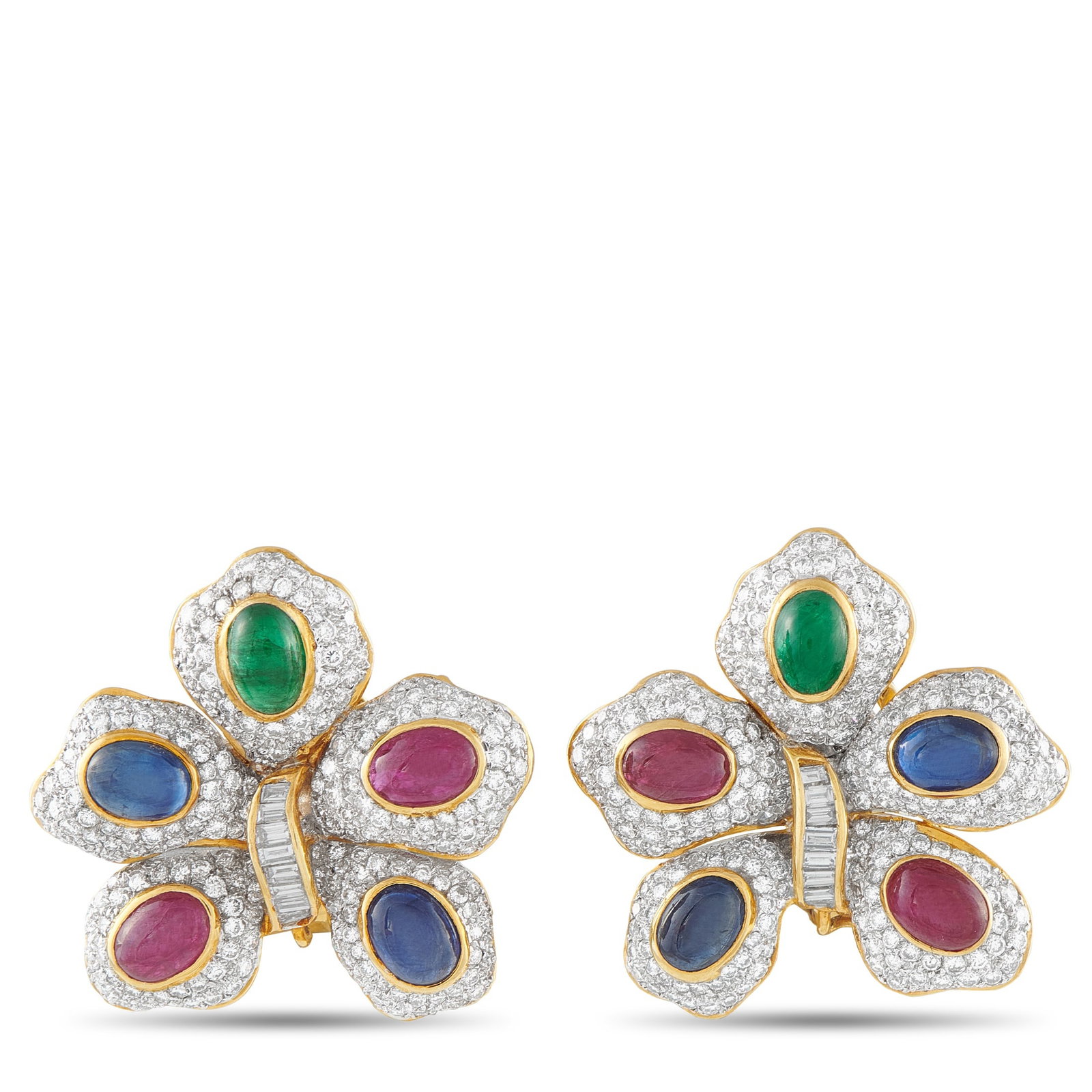 18K Yellow Gold 4.80ct Diamond and Colored Gemstone Flower Earrings: A retro revival bloom. Built around a five-petal flower form, these earrings present a graphic take on a period-driven motif. Each petal is pavé-set with diamonds, bordered by yellow gold, and punctu