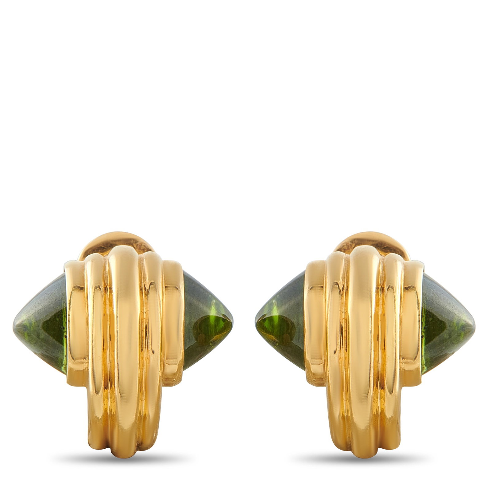 BVLGARI 18K Yellow Gold Peridot Clip-On Earrings: These breathtaking Bvlgari earrings are meant to make a statement. The bold 18K Yellow Gold settings come complete with conical Peridot stones at each end of the design. Each earring measures 0.63&rdq