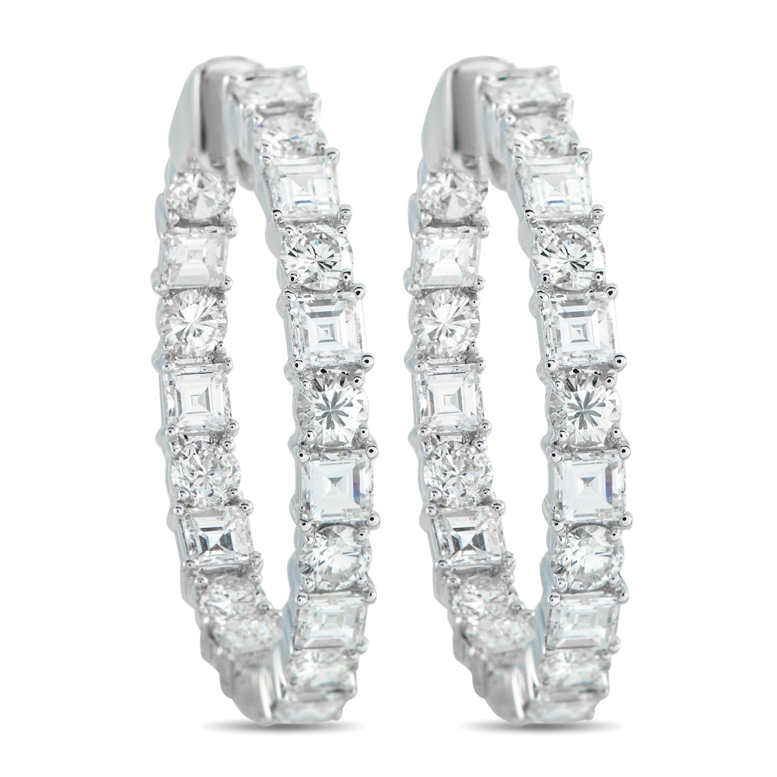 18K White Gold 6.75ct Diamond Inside-Out Hoop Earrings: Clean and direct, these white gold hoops are set with alternating round brilliant and carré-cut diamonds along the outer front edge and inner front curve. The pattern keeps the stones in view from ev