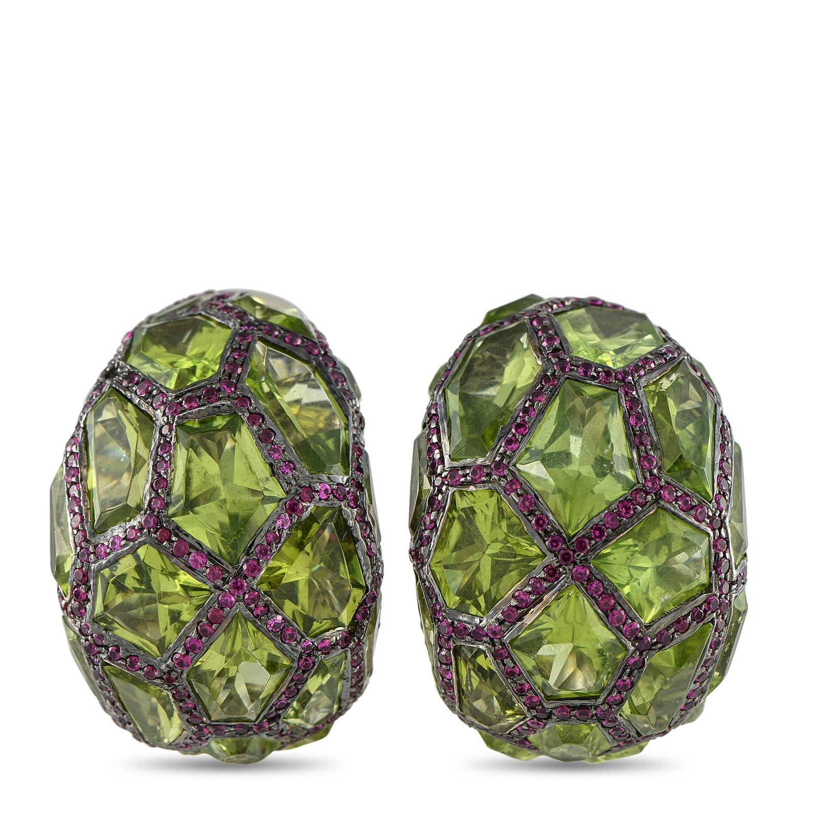 DE GRISOGONO 18K White Gold Ruby and Peridot Earrings: These De Grisogono earrings are a celebration of color. Bold Peridot gemstones make them incredibly eye-catching, while veins of inset Ruby gemstones provide delightful contrast. Each one features an