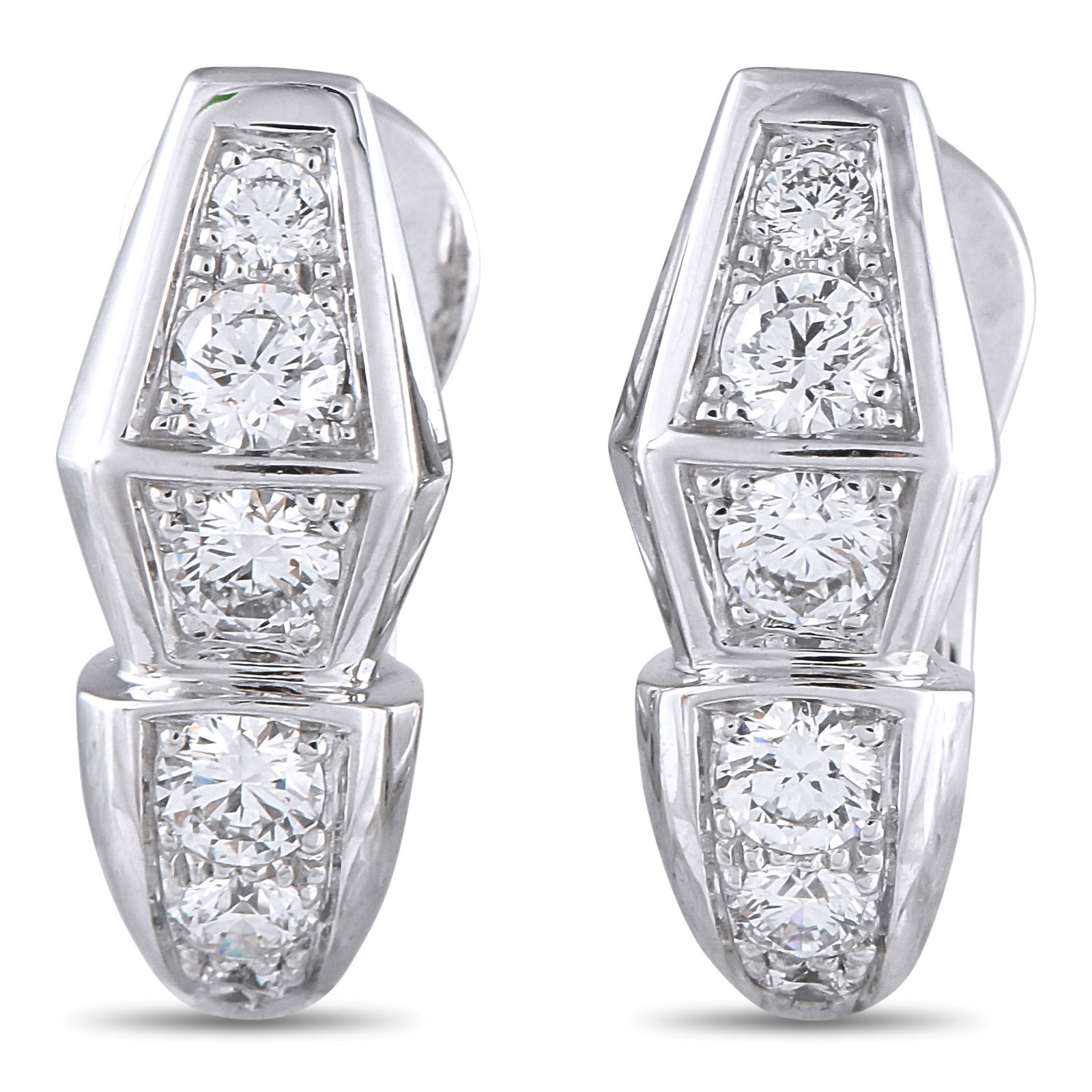 BVLGARI Serpenti 18K White Gold 1.52ct Diamond Earrings: These Bvlgari Serpenti earrings will add a touch of luxury to any occasion. Designed to resemble a stylized snake’s head, the sleek 18K White Gold setting beautifully showcases sparkling Diamonds wi