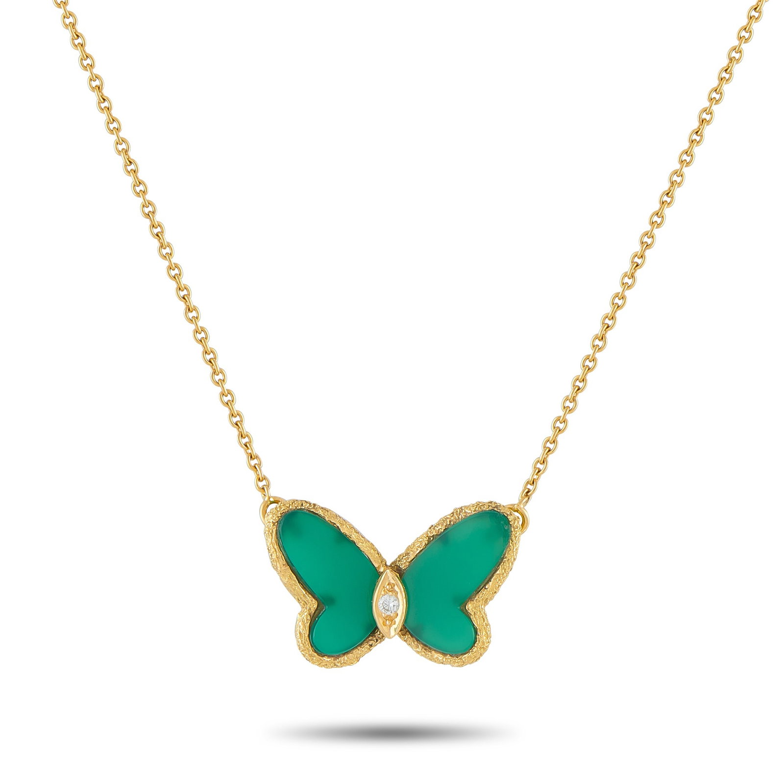 VAN CLEEF & ARPELS Van Cleef & Arpels 18K Yellow Gold Chrysoprase Butterfly Necklace: Part of the Flying Beauties collection, this necklace features a butterfly pendant with chrysoprase wings. A single diamond marks the marquise-shaped gold body, while the wing edges carry a pronounced