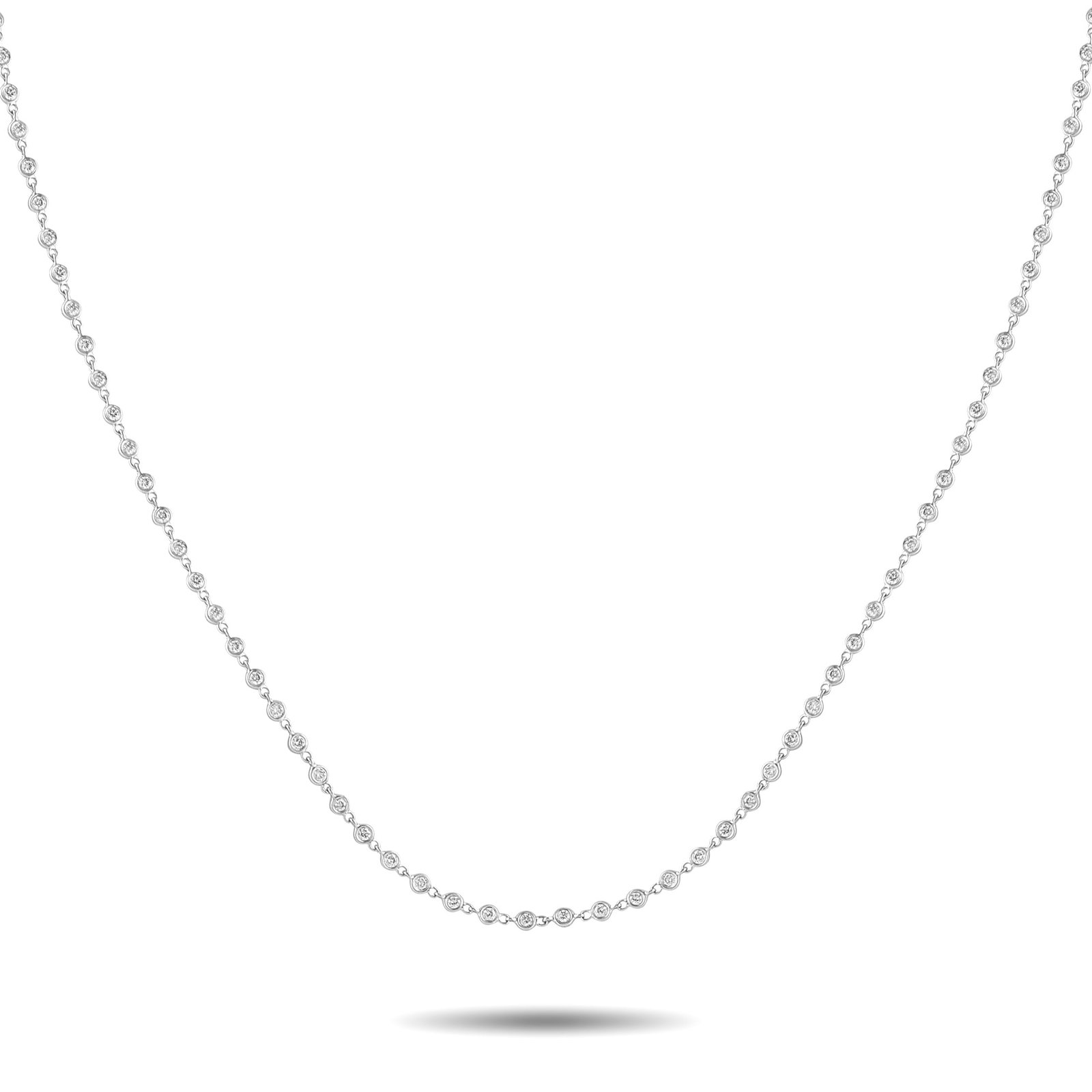 18K White Gold 4.50ct Diamond Necklace: This necklace is ideal for anyone who appreciates understated elegance. The entire 18K White Gold chain is elevated by sparkling Diamonds with a total weight of 4.50 carats. It measures 34” long